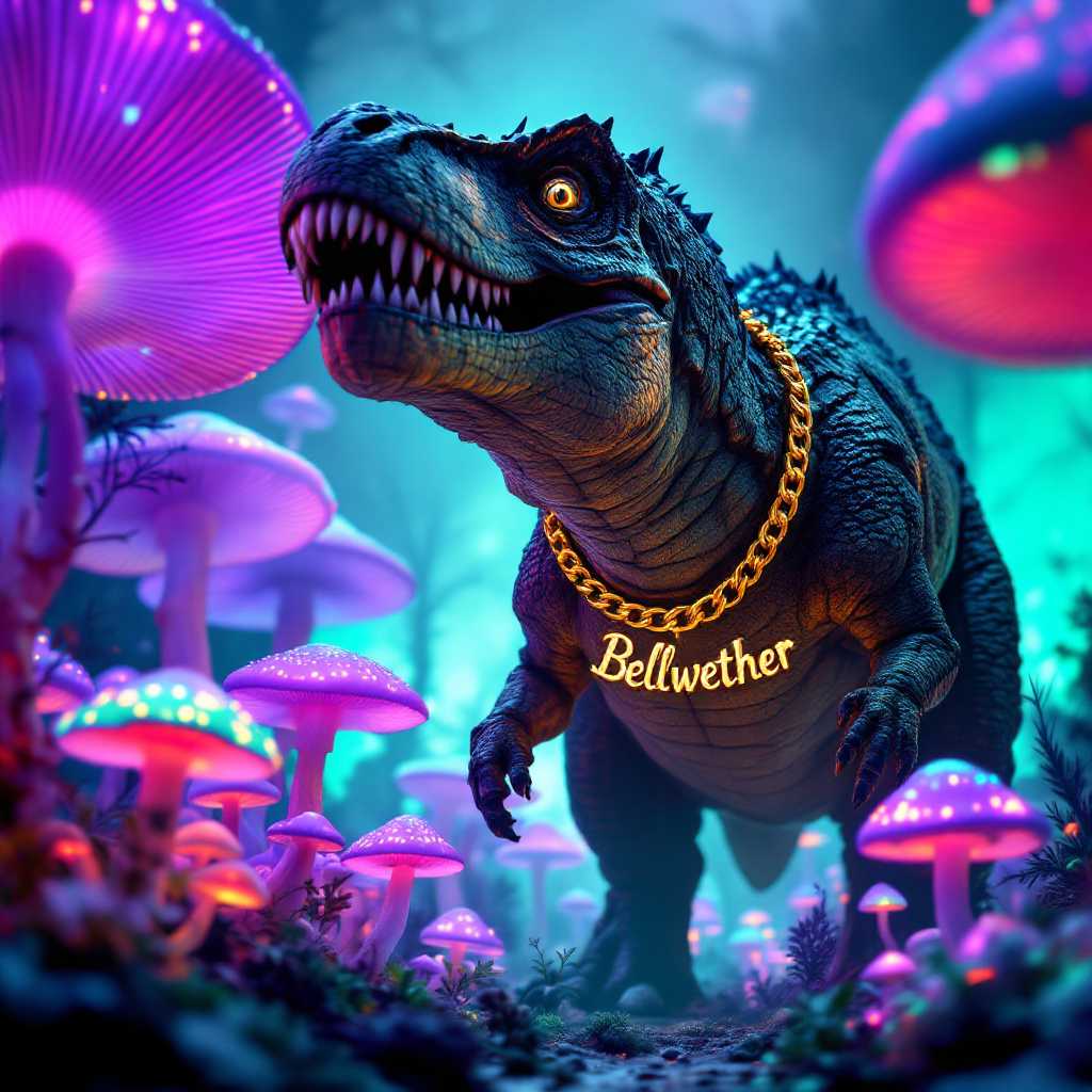 A towering, prehistoric dinosaur, specifically a rugged Tyrannosaurus Rex, adorned with a gleaming gold chain around its neck, the word "Bellwether" intricately engraved in bold, stylish lettering. The dinosaur's scaly skin is textured with earthy greens and browns, shimmering faintly under a surreal, otherworldly glow. Its eyes are wide and dilated, reflecting a psychedelic haze, as it stumbles through a vibrant, trippy forest of oversized, neon-colored magic mushrooms with glowing caps in hues of electric purple, neon pink, and luminous blue. The mushrooms emit a soft, bioluminescent light, casting eerie, dreamlike shadows on the dinosaur's form. The scene is framed from a low-angle perspective, emphasizing the dinosaur's immense size and dominance, with the camera slightly tilted to evoke a sense of disorientation. The artistic style is a blend of surrealism and hyper-realistic digital art, with sharp details in the dinosaur's scales and the intricate textures of the mushroom forest. The mood is whimsical yet slightly unsettling, capturing a hazy, dreamlike atmosphere under a twilight sky streaked with swirling, psychedelic colors. The lighting is soft and diffused, with a focus on the glowing elements to enhance the magical, mind-bending vibe of the scene.