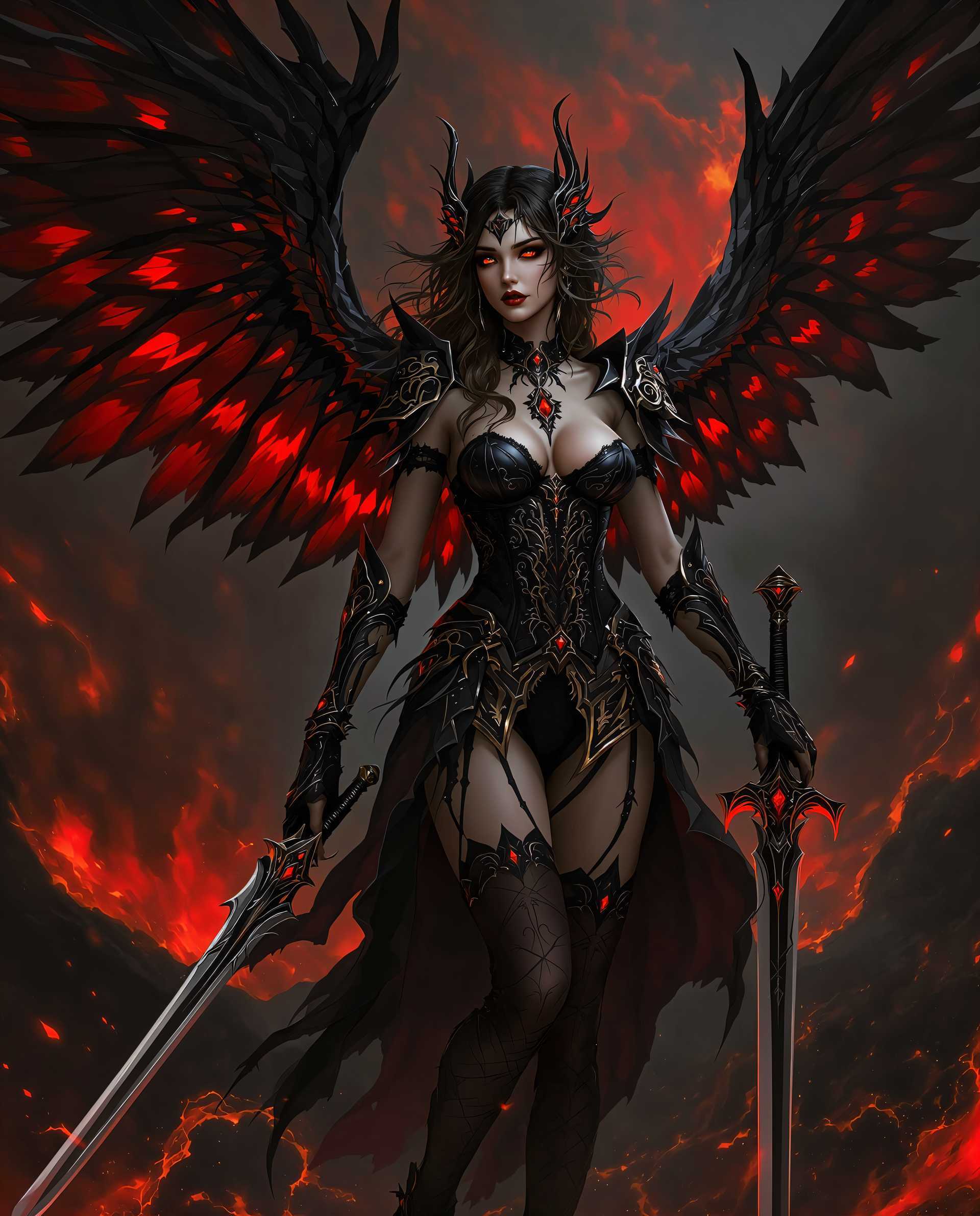 masterpiece, best quality, highres, sharp image, more detail <lora:more_details:0.5> <lora:SDXLrender_v2.0:1>, This image is a realistic photo (photograph) of a female real person digital artwork that features a female figure with a gothic and realistic aesthetic. The art style is highly stylized and appears to be a blend of realism and Western theme, with a focus on detailed line work and shading that gives the image a threedimensional quality.The medium appears to be a digital painting, given the smooth gradients and seamless blending of colors. The image is rich in texture, from the glossy sheen on the armor and jewelry to the roughness of the leather and the softness of the fabric.The colors in the image are predominantly dark and moody, with deep blacks, rich browns, and fiery reds and oranges. These colors are used to create a dramatic and intense atmosphere, with the reds and oranges providing a stark contrast to the cool tones of the rest of the image.The objects in the image include1. The figures armor and jewelry She is adorned with intricate armor and jewelry that features a mix of gothic and realism elements. The armor is primarily black with red and gold accents, and it is detailed with floral and scroll motifs. The jewelry includes a necklace, bracelets, and rings that match the armor in style and color scheme.2. The figures wings She has large, dark wings that are spread out behind her. The wings are detailed with featherlike patterns and have a fiery red glow, suggesting that they are made of some sort of elemental material.3. The figures weapons She wields two weapons, one in each hand. The weapon in her right hand is a long sword with a curved blade and a red gemstone embedded in the hilt. The weapon in her left hand is a pair of gauntlets with sharp claws and a similar red gemstone.4. The figures attire She wears a black corset with lace detailing and straps, paired with matching thighhigh stockings and boots. The corset is detailed with floral and scroll motifs, and the stockings and boots have a similar design.5. The background The background is a chaotic swirl of red and orange hues, reminiscent of a volcanic eruption or a fiery inferno. This adds to the dramatic and intense atmosphere of the image.Overall, the image is a rich and detailed depiction of a gothic realistic character, filled with intricate design and a moody color palette.