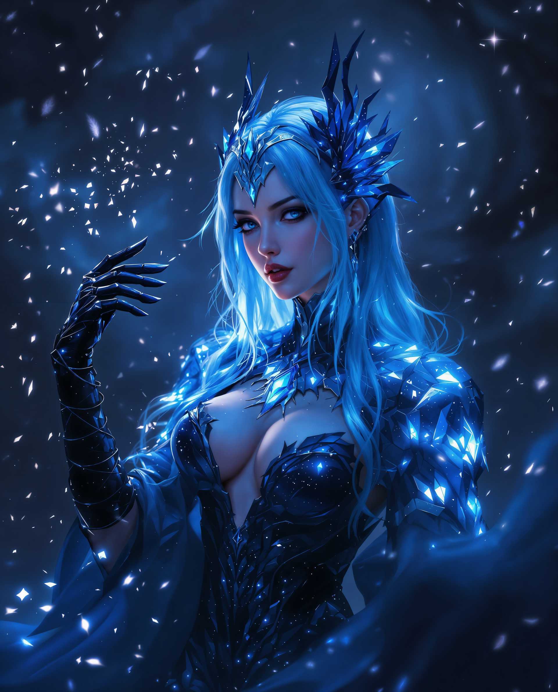 masterpiece, best quality, highres, sharp image, more detail <lora:more_details:0.5> <lora:SDXLrender_v2.0:1>, masterpiece, best quality, highres, sharp image, more detail, A hyper-realistic digital painting of a female figure exuding a gothic and otherworldly aura, captured in a dramatic and highly stylized art style reminiscent of modern fantasy portraiture. The composition focuses on intricate details and a masterful interplay of light and shadow, with dynamic lighting casting luminous highlights across the subject’s icy blue hair streaked with frosty white, and the ornate, armor-like garment she wears. The color palette is dominated by cool, dark tones of deep blue and purple, contrasted with stark black and pristine white accents, enhancing the eerie, gothic atmosphere.

The subject is positioned in a three-quarter view, with a slight upward camera angle that emphasizes her commanding presence. She is draped in a luxurious, textured garment featuring a high neckline and a fitted bodice, the fabric shimmering with crystalline embellishments that catch the light like scattered diamonds. The armor-like design of the garment is adorned with intricate patterns resembling scales or feathers, studded with reflective crystals or jewels that mirror the surrounding darkness. Her left arm is raised gracefully, her hand delicately touching an ornate headpiece crafted from the same crystalline material, adding to the ethereal and regal aesthetic.

The background is a swirling abyss of dark mist and illuminated particles, creating a supernatural environment with a sense of depth and movement. The falling particles are subtly lit by the radiant glow emanating from the subject, enhancing the magical ambiance. The mood is haunting yet captivating, set in a timeless, shadowy realm under an implied twilight or moonlit sky, with an overall atmosphere of mystery and enchantment.

Rendered with photorealistic precision, the image showcases smooth gradients and seamless color blending typical of high-end digital art. The focus on texture—shimmering fabrics, reflective crystals, and frosty hair—combined with dramatic chiaroscuro lighting, creates a visually striking and immersive portrait that balances realism with gothic fantasy.