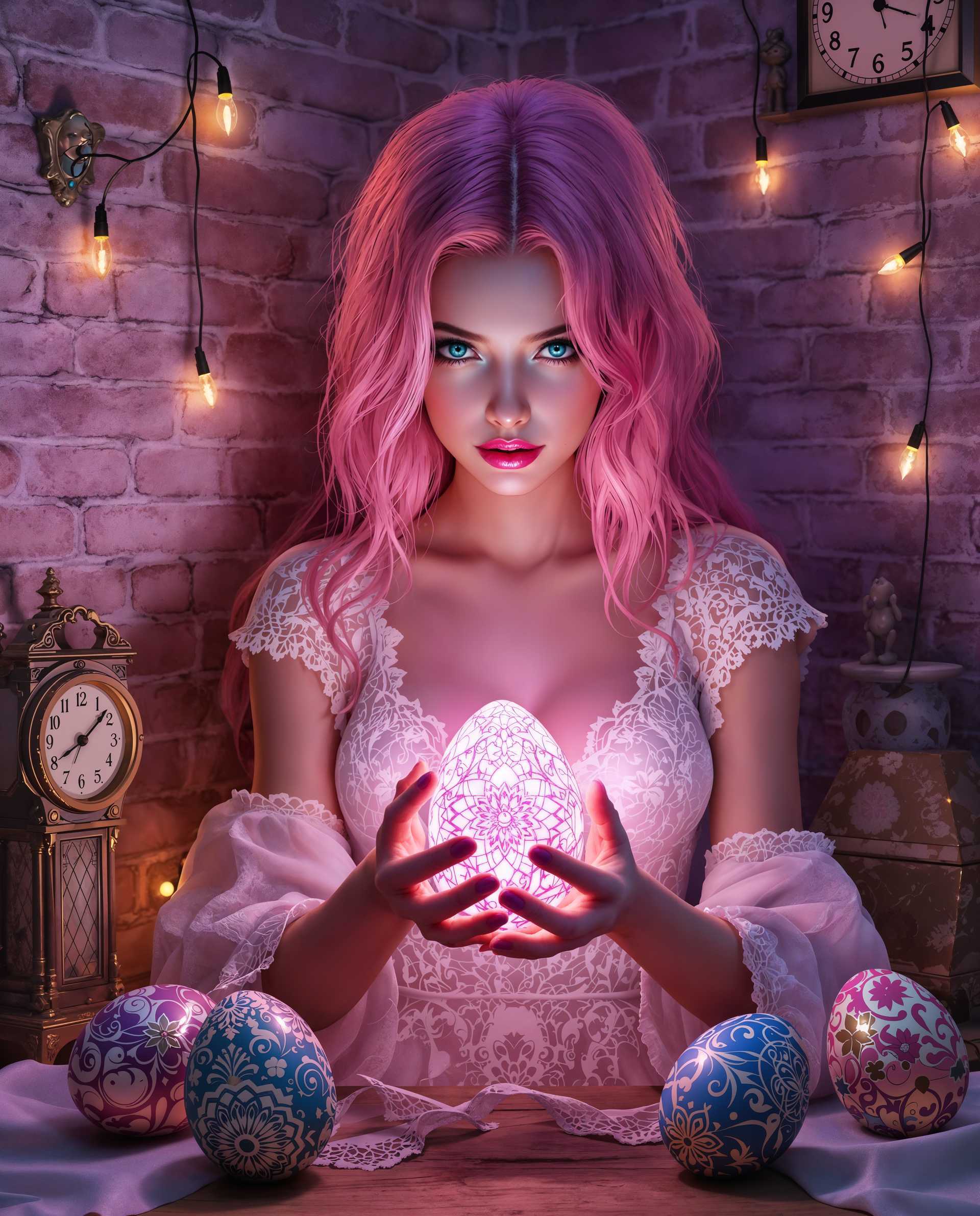 masterpiece, best quality, highres, sharp image, more detail <lora:more_details:0.5> <lora:SDXLrender_v2.0:1>, masterpiece, best quality, highres, sharp image, more detail, A hyper-realistic digital painting of a stylized female figure, captured with photorealistic precision and vibrant detail, showcasing intricate anatomy and lifelike textures. The artwork features smooth gradients and a polished finish, reminiscent of high-end digital art. The color palette is rich and dreamy, dominated by soft pinks, deep purples, and ethereal blues, creating a surreal and enchanting atmosphere. The female figure has striking pink hair with subtle lighter highlights cascading over her shoulders, and her piercing, deep blue eyes draw the viewer in with captivating intensity. She wears a delicate white lace garment, intricately patterned, with fine details that contrast beautifully against her skin, emphasizing realism in every fold and stitch.

The composition centers on the figure holding a glowing, ornate egg emitting a soft pink light, its surface etched with complex, mesmerizing designs. Surrounding her are several similarly designed eggs, each uniquely patterned with hues of pink, blue, and green, scattered across the floor and leaning against the background wall, enhancing the whimsical, magical vibe. The background features a textured brick wall, adding an urban, grounded edge to the fantastical scene, with eclectic trinkets adorning it—a vintage clock, a small figurine, and a string of fairy lights casting a warm, ambient glow. The lighting is soft and diffused, with the glowing egg as the focal light source, casting gentle highlights and shadows across the figure and surroundings, amplifying the mystical mood.

The scene is framed from a slightly low angle, emphasizing the figure's commanding presence and creating an intimate connection with the viewer, while the scattered eggs and wall decor add depth and storytelling to the composition. The overall mood is one of enchantment and mystery, blending realistic urban aesthetics with magical elements, inviting the viewer into a world where the ordinary meets the extraordinary, rendered in a highly detailed, photorealistic digital painting style with a focus on color harmony and atmospheric depth.