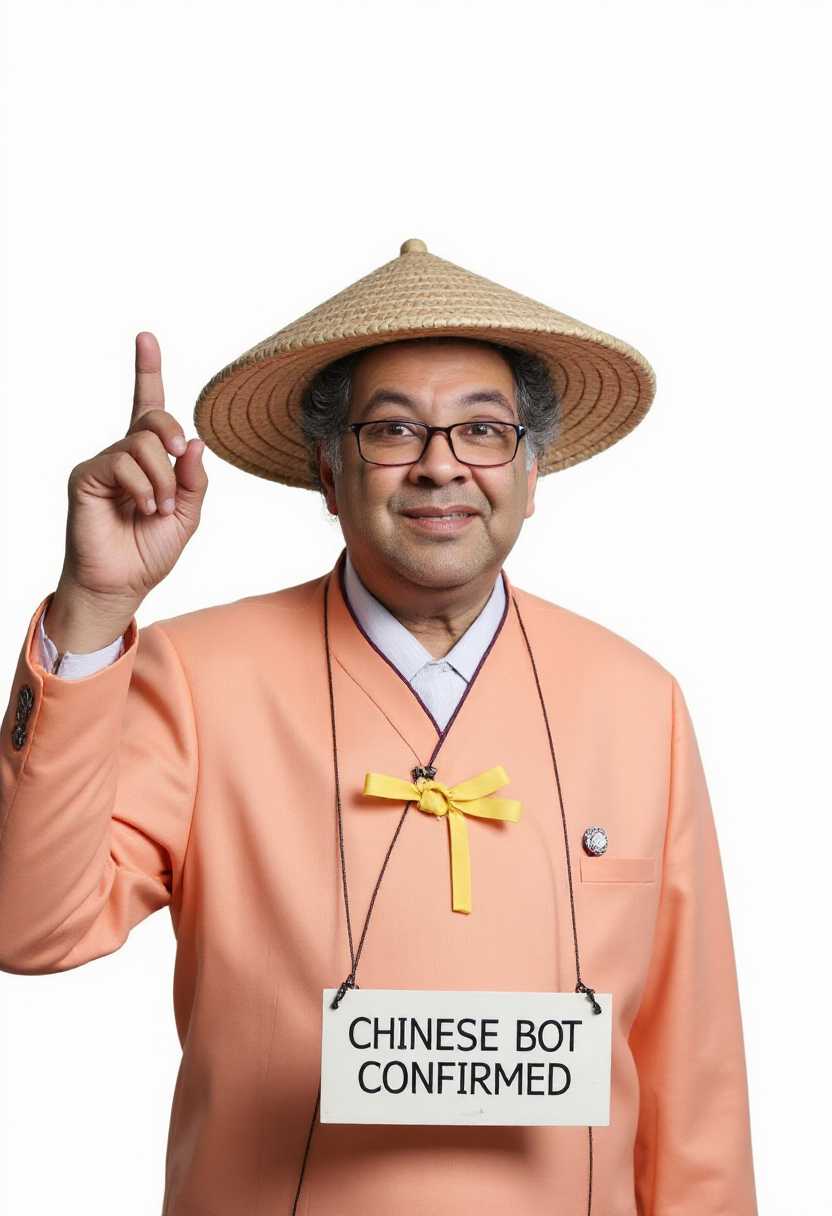 A hyper-realistic digital photograph of an elderly Asian man, respectfully portrayed as a cultural figure, dressed in traditional East Asian attire. He stands confidently with one arm raised, hand pointing dramatically toward the sky, exuding a sense of purpose and strength. His weathered face shows intricate details of age—fine wrinkles, subtle skin textures, and a wise, expressive gaze that captures a lifetime of experience. He wears a traditional conical straw hat, light beige in color, with a gently curved brim resting just above his forehead, adorned with two vibrant yellow ribbon bows on either side, adding a delicate decorative flair. His garment is a peach-colored Hanbok with a high collar and a distinct V-neckline, accented by thin white trim along the collar and neckline, showcasing meticulous craftsmanship. The front features peach-colored buttons with traditional East Asian knot designs, emphasizing cultural authenticity. In his other hand, he holds a sign reading "CHINESE BOT CONFIRMED," rendered in bold, clear lettering. The background is a stark, plain white, isolating the subject and drawing full attention to his detailed attire and commanding presence. The composition centers the man in a frontal, slightly low-angle shot, enhancing his dignified stature and creating a powerful focal point. The lighting is soft and evenly diffused, illuminating every texture of the straw hat and fabric folds without harsh shadows, ensuring a balanced and respectful tone. The overall mood is one of cultural reverence and quiet strength, with a timeless atmosphere that celebrates East Asian heritage through hyper-realistic detail and digital photography precision.