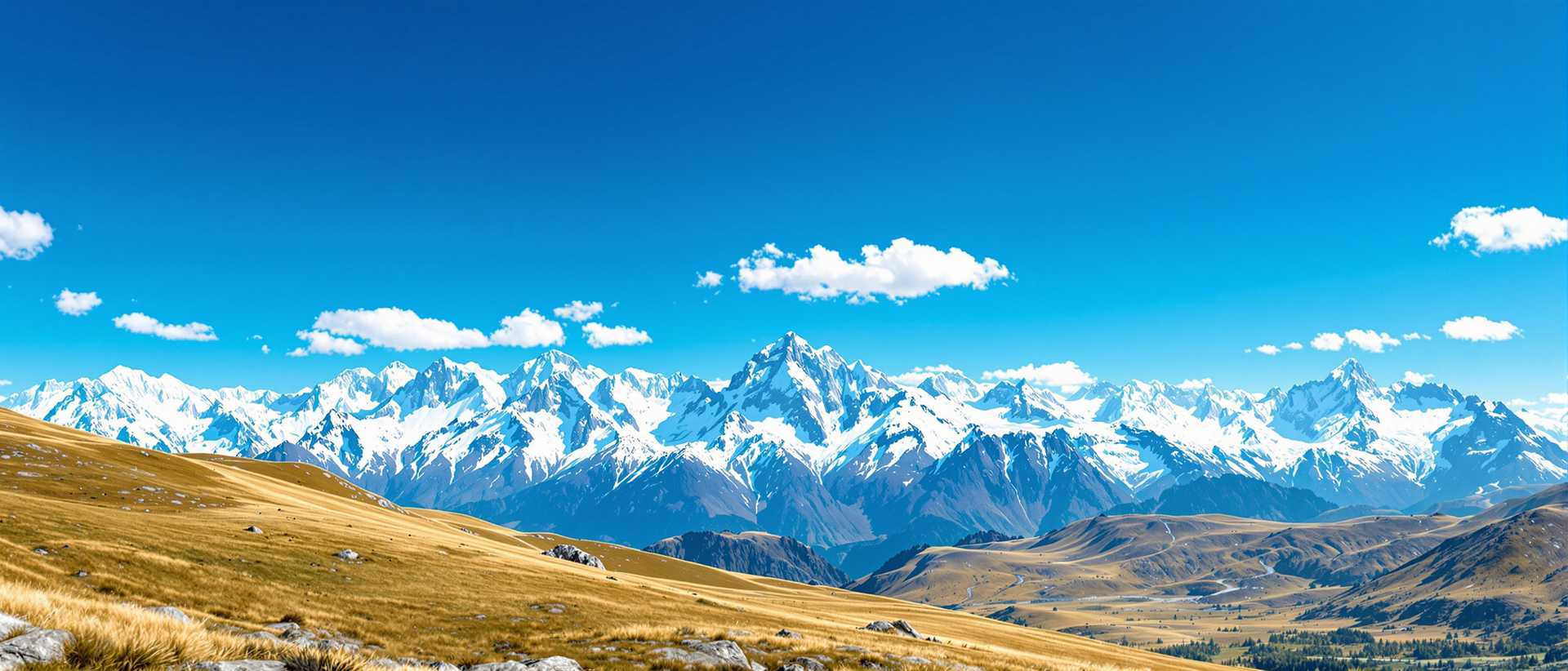 A breathtaking panoramic view of a pristine mountainous landscape under a vivid, clear blue sky, captured in a hyper-realistic digital photography style. In the distance, towering snowcapped peaks dominate the horizon, their jagged edges sharply defined against the sky, with intricate textures of snow and rock highlighted by subtle gradations of white, pale grey, and soft blue shadows, reflecting the interplay of natural light at high altitude. The foreground features gently rolling hills blanketed in a mosaic of lush green and golden-brown grasses, their colors suggesting a transition of seasons, with fine details of individual blades and patches creating a sense of organic depth. The composition is balanced, with the mountains centered as the focal point, while the undulating hills guide the viewer’s eye from the near ground to the distant peaks, shot from a slightly elevated perspective to emphasize the vastness of the terrain. The sky above is a deep, saturated cerulean blue, adorned with a few delicate, wispy white clouds that drift lazily, their soft, feathery edges adding a touch of serenity. The lighting is natural and crisp, mimicking midday sun with a warm, even glow that casts gentle shadows across the landscape, enhancing the three-dimensional feel of the scene. The mood is one of tranquil wilderness, evoking a sense of untouched beauty and quiet solitude, with no signs of human presence to interrupt the raw grandeur of nature. The color palette is harmonious and vibrant, blending earthy tones of green and gold with the cool whites and blues of the mountains and sky, creating a striking yet cohesive visual narrative of natural splendor, rendered with ultra-high detail, sharp focus, and a cinematic depth of field.