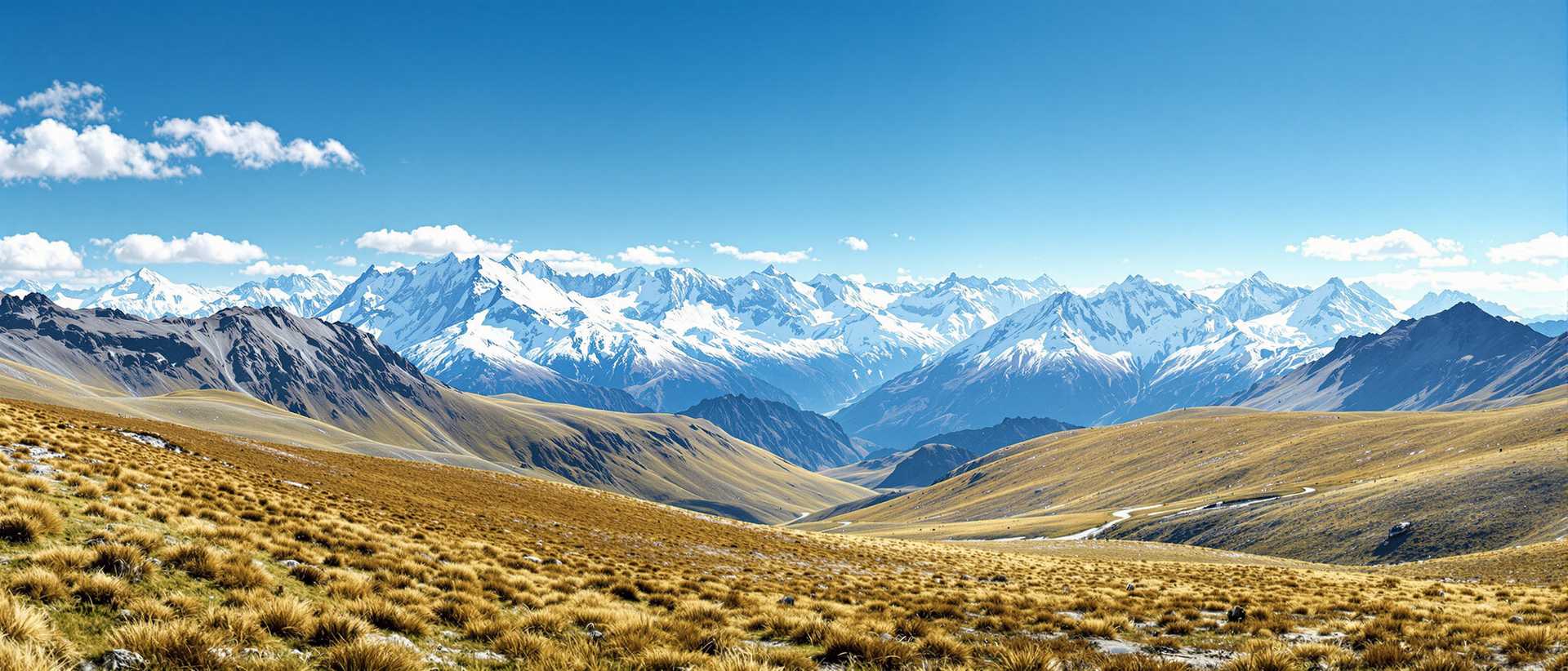 A breathtaking panoramic view of a pristine mountainous landscape under a vivid, clear blue sky, captured in a hyper-realistic digital photography style. In the distance, snowcapped peaks dominate the horizon, their rolling edges sharply defined against the sky, with intricate textures of snow and rock highlighted by subtle gradations of white, pale grey, and soft blue shadows, reflecting the interplay of natural light at high altitude. The foreground features gently rolling hills blanketed in a mosaic of lush green and golden-brown grasses, their colors suggesting a transition of seasons, with fine details of individual blades and patches creating a sense of organic depth. The composition is balanced, with the mountains centered as the focal point, while the undulating hills guide the viewer’s eye from the near ground to the distant rolling mountains, shot from a slightly elevated perspective to emphasize the vastness of the terrain. The sky above is a deep, saturated cerulean blue, adorned with a few delicate, wispy white clouds that drift lazily, their soft, feathery edges adding a touch of serenity. The lighting is natural and crisp, mimicking midday sun with a warm, even glow that casts gentle shadows across the landscape, enhancing the three-dimensional feel of the scene. The mood is one of tranquil wilderness, evoking a sense of untouched beauty and quiet solitude, with no signs of human presence to interrupt the raw grandeur of nature. The color palette is harmonious and vibrant, blending earthy tones of green and gold with the cool whites and blues of the mountains and sky, creating a striking yet cohesive visual narrative of natural splendor, rendered with ultra-high detail, sharp focus, and a cinematic depth of field.