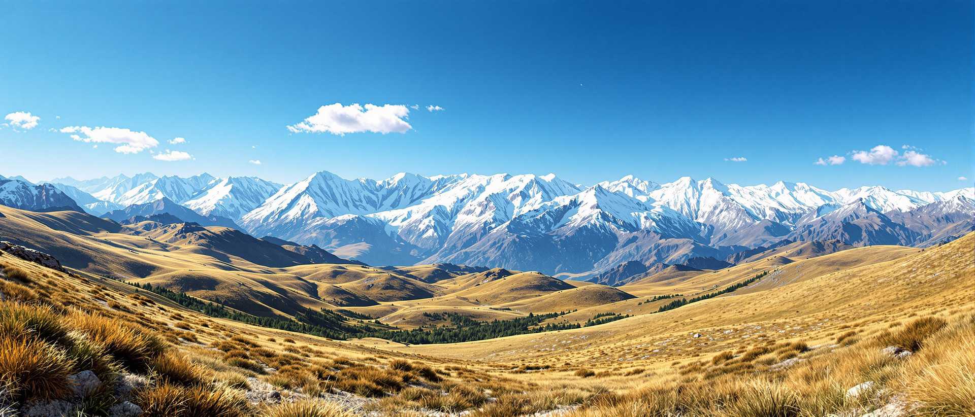 A breathtaking panoramic view of a pristine mountainous landscape under a vivid, clear blue sky, captured in a hyper-realistic digital photography style. In the distance, snowcapped peaks dominate the horizon, their rolling edges sharply defined against the sky, with intricate textures of snow and rock highlighted by subtle gradations of white, pale grey, and soft blue shadows, reflecting the interplay of natural light at high altitude. The foreground features gently rolling hills blanketed in a mosaic of lush green and golden-brown grasses, their colors suggesting a transition of seasons, with fine details of individual blades and patches creating a sense of organic depth. The composition is balanced, with the mountains centered as the focal point, while the undulating hills guide the viewer’s eye from the near ground to the distant rolling mountains, shot from a slightly elevated perspective to emphasize the vastness of the terrain. The sky above is a deep, saturated cerulean blue, adorned with a few delicate, wispy white clouds that drift lazily, their soft, feathery edges adding a touch of serenity. The lighting is natural and crisp, mimicking midday sun with a warm, even glow that casts gentle shadows across the landscape, enhancing the three-dimensional feel of the scene. The mood is one of tranquil wilderness, evoking a sense of untouched beauty and quiet solitude, with no signs of human presence to interrupt the raw grandeur of nature. The color palette is harmonious and vibrant, blending earthy tones of green and gold with the cool whites and blues of the mountains and sky, creating a striking yet cohesive visual narrative of natural splendor, rendered with ultra-high detail, sharp focus, and a cinematic depth of field.