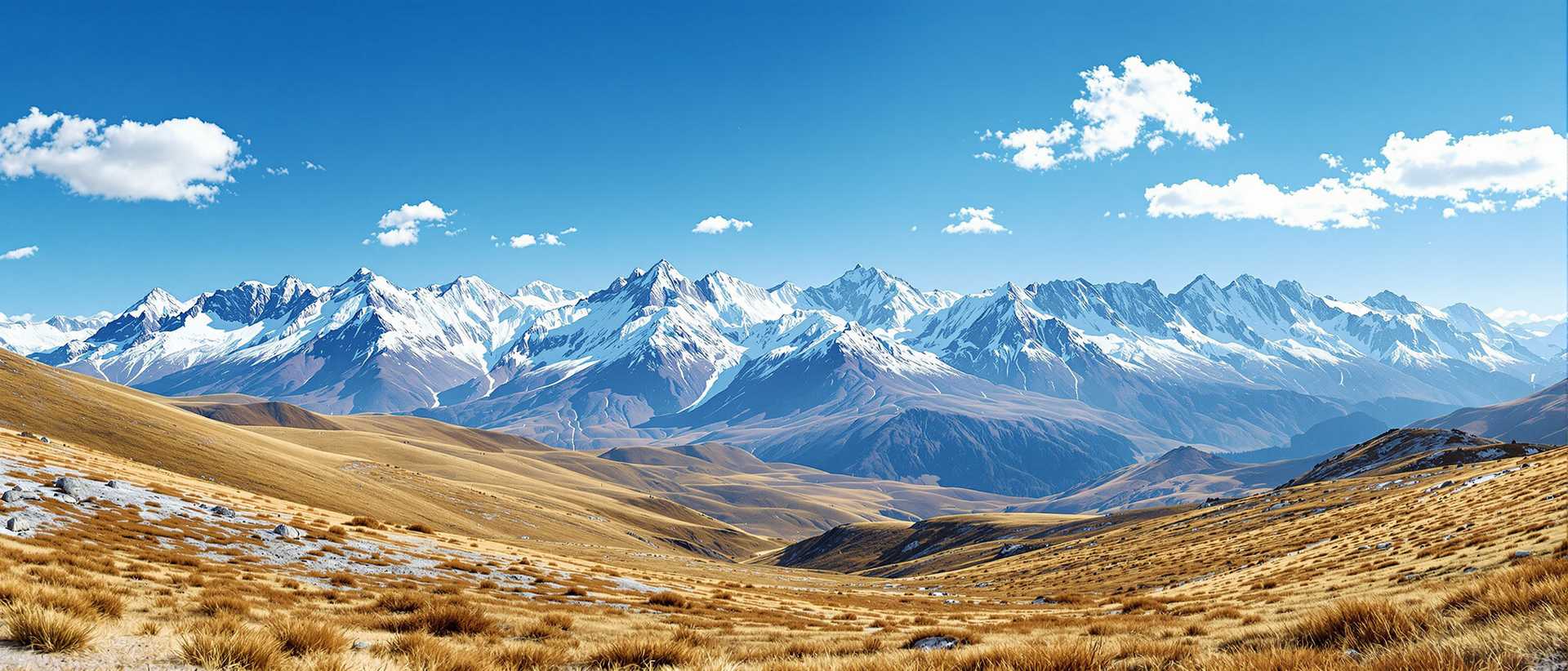 A breathtaking panoramic view of a pristine mountainous landscape under a vivid, clear blue sky, captured in a hyper-realistic digital photography style. In the distance, snowcapped peaks dominate the horizon, their rolling edges sharply defined against the sky, with intricate textures of snow and rock highlighted by subtle gradations of white, pale grey, and soft blue shadows, reflecting the interplay of natural light at high altitude. The foreground features gently rolling hills blanketed in a mosaic of lush green and golden-brown grasses, their colors suggesting a transition of seasons, with fine details of individual blades and patches creating a sense of organic depth. The composition is balanced, with the mountains centered as the focal point, while the undulating hills guide the viewer’s eye from the near ground to the distant rolling mountains, shot from a slightly elevated perspective to emphasize the vastness of the terrain. The sky above is a deep, saturated cerulean blue, adorned with a few delicate, wispy white clouds that drift lazily, their soft, feathery edges adding a touch of serenity. The lighting is natural and crisp, mimicking midday sun with a warm, even glow that casts gentle shadows across the landscape, enhancing the three-dimensional feel of the scene. The mood is one of tranquil wilderness, evoking a sense of untouched beauty and quiet solitude, with no signs of human presence to interrupt the raw grandeur of nature. The color palette is harmonious and vibrant, blending earthy tones of green and gold with the cool whites and blues of the mountains and sky, creating a striking yet cohesive visual narrative of natural splendor, rendered with ultra-high detail, sharp focus, and a cinematic depth of field. Rover valley basin
