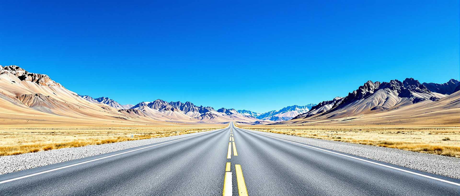 A breathtaking, vast open landscape under a clear, vibrant blue sky on a cloudless day, captured in a hyper-realistic digital photography style. In the foreground, a straight, two-lane highway with smooth, grey asphalt stretches endlessly into the distance, flanked on the left by a wide, lush grassy verge and on the right by a rugged gravel shoulder with sparse, dry vegetation scattered across. The road, perfectly centered in the composition, draws the viewer's eye toward the horizon, disappearing behind a series of gentle, rolling hills in the midground. These hills are a harmonious blend of soft grassy plains and jagged rocky outcrops, painted in natural earth tones ranging from light beige to deep, rich brown, with intricate textures of stone and grass highlighted by the bright, even daylight. The expansive sky above dominates the upper half of the frame, an unblemished deep blue that contrasts beautifully with the muted, natural colors of the earth below. The scene is devoid of human presence or wildlife, emphasizing a profound sense of remote tranquility and untouched wilderness. The lighting is crisp and natural, casting subtle shadows that enhance the depth and scale of the landscape, with a high dynamic range that captures every detail in sharp clarity. The camera angle is low and centered, providing a wide, panoramic view that accentuates the endless expanse of the terrain, evoking a serene, contemplative mood of solitude and natural beauty.