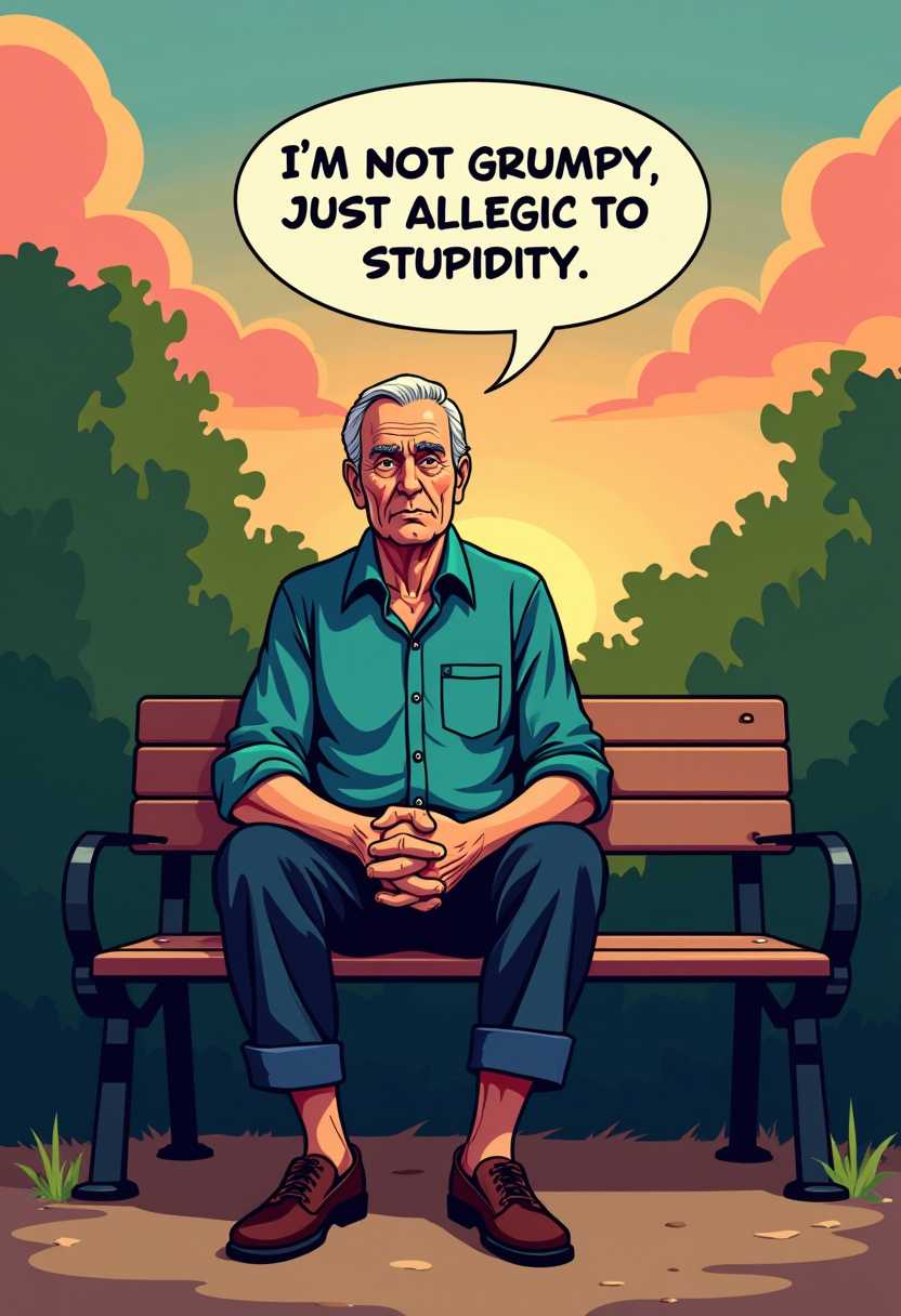 This image is a digital illustration that features a old senior character seated on a park bench. The art style is reminiscent of comic book art with a cinematic quality, characterized by its bold outlines, flat colors, and dramatic lighting. The medium appears to be digital painting, given the smooth blending of colors and the lack of texture that might be present in traditional mediums.The colors in the image are rich and vibrant, with a warm palette that suggests a setting during the golden hour of early evening. The sky transitions from a deep orange to a softer peach, and the clouds are a gradient of light blue to a warm pink hue. The foliage in the background is depicted in various shades of green, with the trees outlined in black, which adds to the comic book aesthetic.The character is wearing a teal shirt with a collar and button cuffs, and dark trousers that are rolled up at the ankle, revealing a hint of skin. The characters hands are clasped together in front of them, and they have a serious, contemplative expression. The bench is a simple wooden structure with a natural finish, and the ground beneath it is a muted brown, which contrasts with the vibrant colors of the sky and foliage.The overall composition of the image is balanced, with the character centrally placed and the background elements symmetrically placed around them. The text bubble that contains the quote Im not grumpy just allergic to stupidity. floats above the character, and it is styled in a bold, sansserif font that matches the overall comic book theme of the illustration.