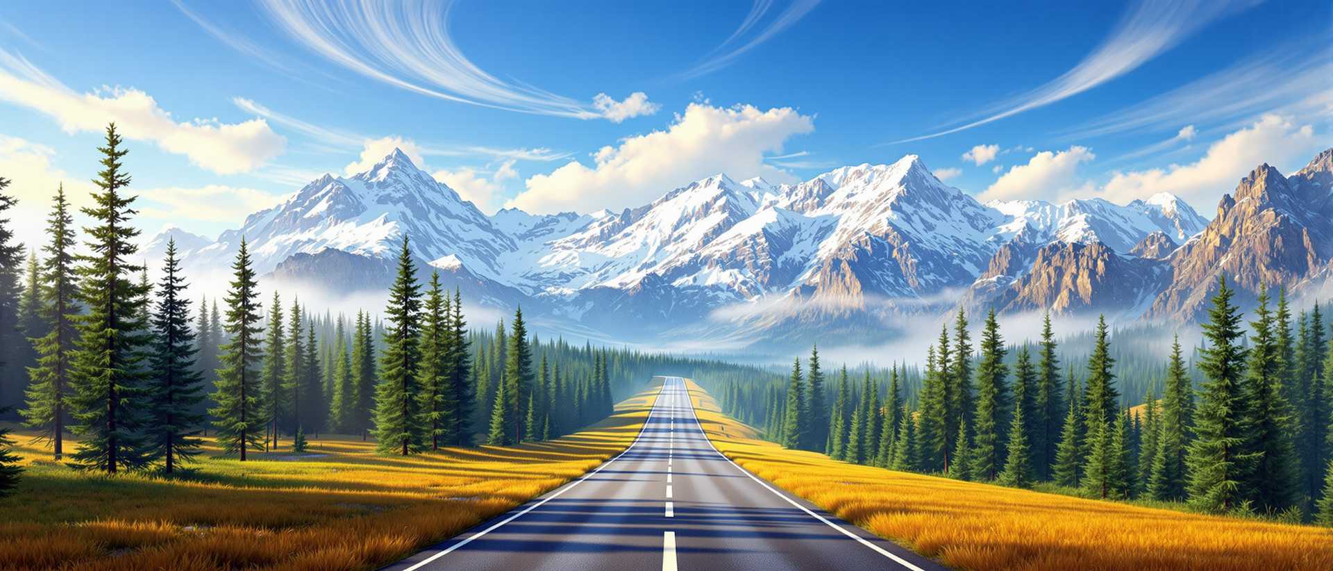 This image captures a breathtaking landscape that exudes tranquility and natural beauty. The art style is realistic, with a focus on the interplay of light, shadow, and texture to create a lifelike representation of the scene.The medium appears to be a highresolution photograph, showcasing the fine details of the environment. The colors are vibrant and harmonious, with a palette that includes deep greens of the coniferous trees, the golden hues of the grasses, and the stark whites and blues of the snowcapped mountains and the sky. The contrast between these colors adds depth and dimension to the image.The objects in the image are numerous and diverse. In the foreground, there is a straight, wellmaintained road that cuts through the landscape, suggesting a path for travelers to explore the natural beauty surrounding them. Along the road, there are patches of grass that transition from green to a golden yellow, indicating the change of seasons or the presence of different types of grass.On either side of the road, there are dense forests of coniferous trees, their needles casting shadows on the ground and creating a sense of depth. The trees are tall and straight, with their trunks disappearing into the mist that clings to the lower slopes of the mountains. The mist adds a mystical quality to the scene, blurring the lines between the sky and the earth.In the distance, majestic mountains rise, their peaks capped with snow. The mountains are rugged and imposing, with steep cliffs and craggy faces that are softened by the wispy clouds drifting across the sky. The snowcovered peaks catch the sunlight, creating a dazzling display of light and shadow that adds to the grandeur of the scene.The sky is a clear, deep blue, with wispy clouds drifting lazily across the expanse. The clouds are light and fluffy, with edges that are softly illuminated by the sun, giving them a gentle glow.Overall, the image is a celebration of natures beauty and the tranquility that can be found in the wilderness. The realistic portrayal of the landscape, with its vivid colors and intricate details, invites the viewer to immerse themselves in the scene and feel the peacefulness that it exudes.