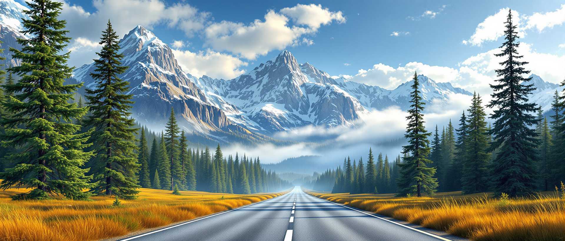 A breathtaking landscape of serene natural beauty, captured in a hyper-realistic style resembling a high-resolution photograph. The scene showcases intricate details, with a masterful interplay of light, shadow, and texture bringing the environment to life. Vibrant and harmonious colors dominate the palette: deep emerald greens of towering coniferous trees, golden hues of swaying grasses transitioning with the seasons, stark whites of snow-capped mountain peaks, and a profound deep blue sky. The contrast between these tones adds striking depth and dimension to the composition.

In the foreground, a straight, well-maintained road slices through the landscape, inviting travelers to journey deeper into the wilderness. Patches of grass along the road shift from lush green to warm golden yellow, hinting at seasonal change. Flanking the road on either side, dense forests of tall, straight coniferous trees stand sentinel, their needle-covered branches casting dappled shadows on the ground, enhancing the sense of depth. The tree trunks fade into a mystical mist that clings to the lower mountain slopes, blurring the boundary between earth and sky, and infusing the scene with an ethereal quality.

In the distance, majestic, rugged mountains rise with imposing steep cliffs and craggy faces, their peaks adorned with glistening snow that catches the sunlight, creating a dazzling interplay of light and shadow. Wispy, delicate clouds drift lazily across the peaks, softening their harsh edges. Above, the sky stretches as a clear, endless deep blue, dotted with light, fluffy clouds, their edges softly illuminated by the sun, casting a gentle, radiant glow.

The composition is framed to emphasize the road as a leading line, drawing the viewer’s eye from the detailed foreground through the misty midground to the awe-inspiring mountains in the background, captured from a low, wide-angle perspective to enhance the grandeur of the scene. The mood is one of profound tranquility and peace, evoking the untouched beauty of the wilderness during a crisp, clear day. The atmosphere is fresh and invigorating, with subtle hints of morning light bathing the landscape in a warm, golden glow, highlighting every texture from the rough bark of the trees to the powdery snow on the peaks. This image is a celebration of nature’s splendor, rendered with photorealistic precision and cinematic lighting to immerse the viewer fully in its serene embrace.