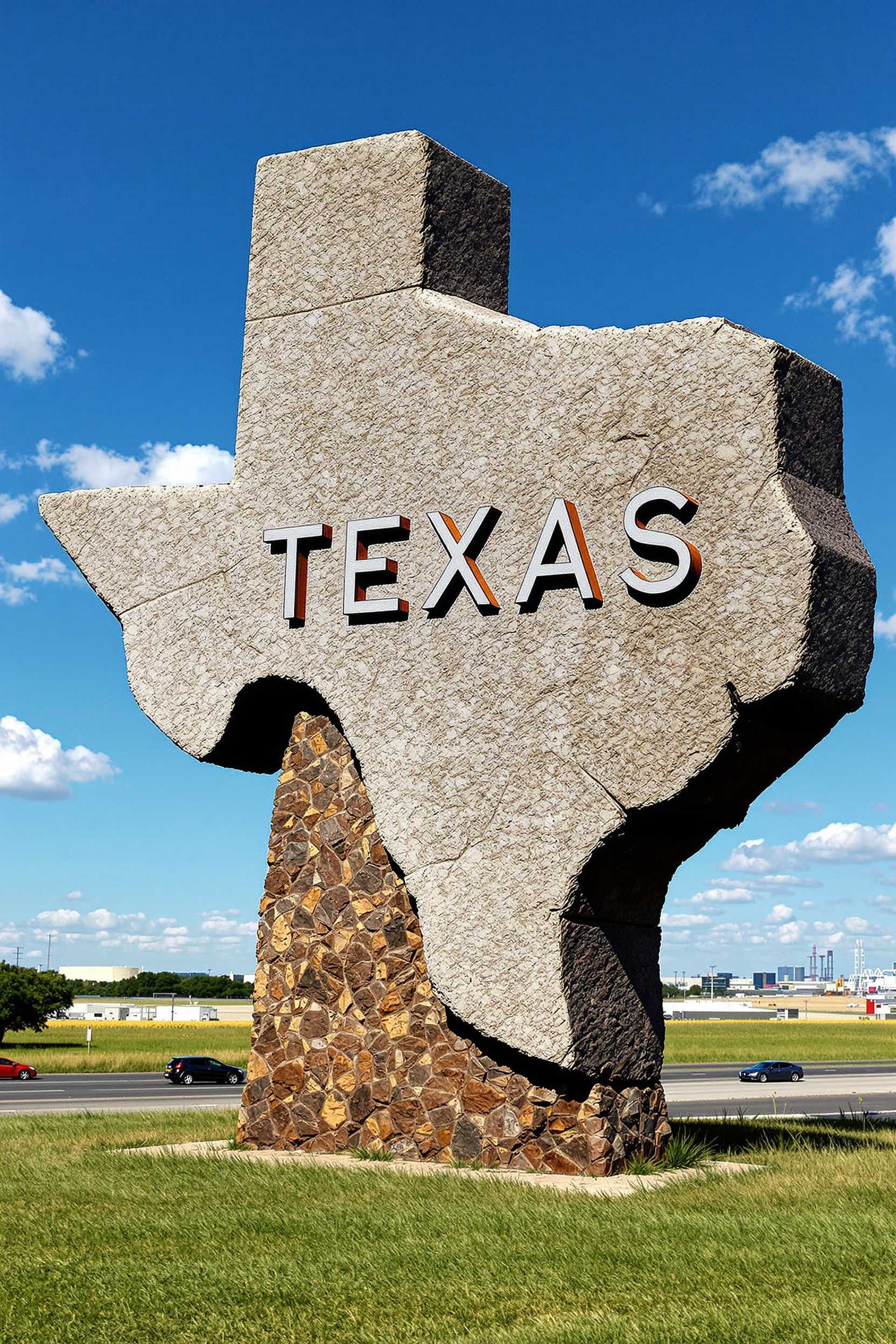 This image depicts a large, weathered stone monument in the shape of the state of Texas. The monument is standing on a grassy field with a clear blue sky in the background. The stone has a rough texture and shows signs of erosion and weathering, giving it an aged appearance.The monument is inscribed with the word TEXAS in capital letters, which is carved into the stone. The letters are bold and stand out against the background, with a slight shadow indicating a light source coming from the upper left side of the image.The colors in the image are primarily earthy tones, with the stone appearing in various shades of gray and brown. The green of the grass and the blue of the sky provide a contrast to the stone, while the white of the clouds adds a touch of brightness to the sky.In the background, there is a road with vehicles passing by, and in the distance, there are industrial buildings, suggesting that the monument is located near a highway or industrial area.The art style of the image is realistic, capturing the details of the stone and the textures of the grass and sky. The medium appears to be photography, as the image has a clear and sharp quality.Overall, the image conveys a sense of Texass rugged beauty and its location at the intersection of nature and industry.