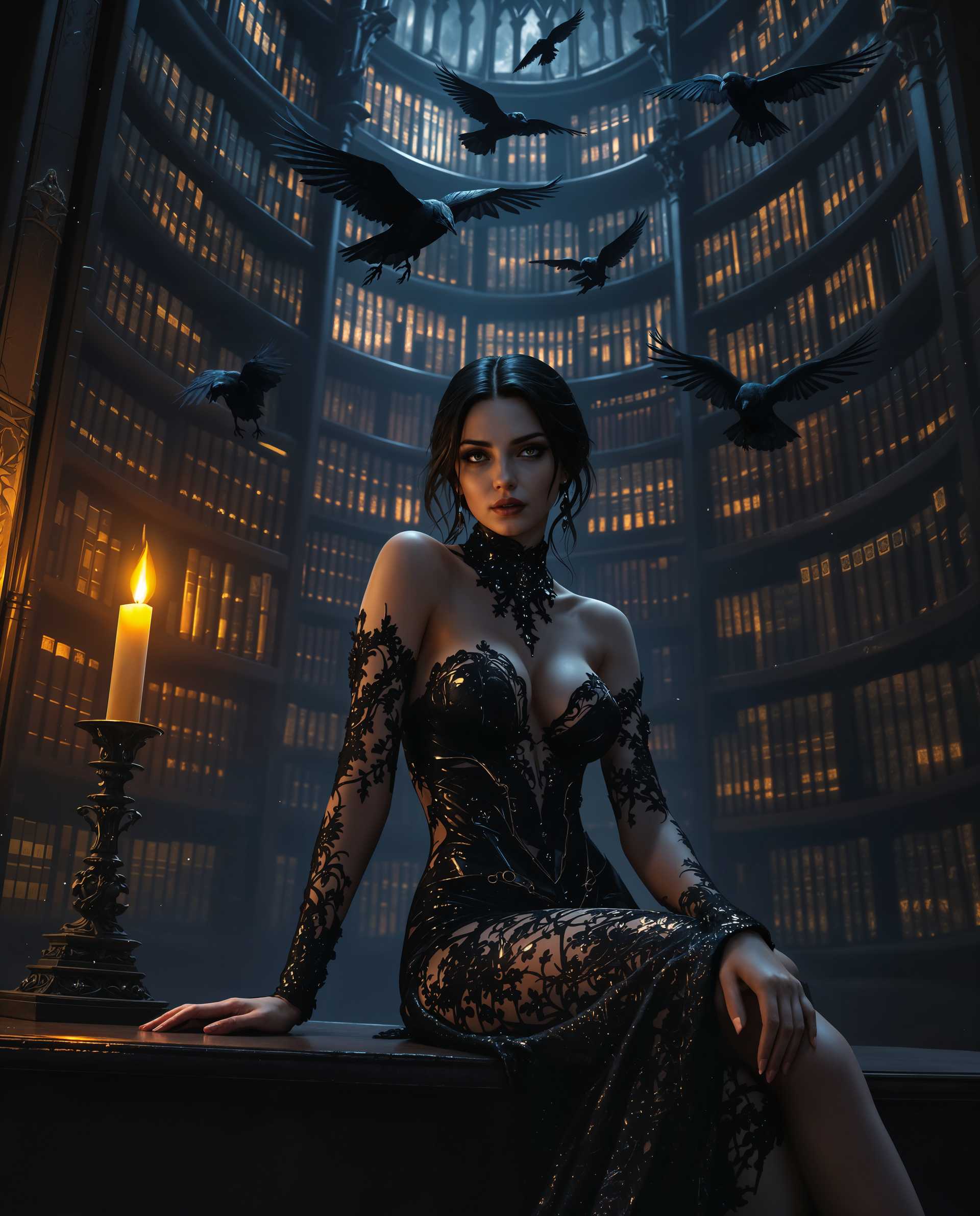 masterpiece, best quality, highres, sharp image, more detail <lora:more_details:0.5> <lora:SDXLrender_v2.0:1>, masterpiece, best quality, highres, sharp image, more detail, A hyper-realistic digital painting of a gothic and mysterious scene featuring a female figure as the central focus. The artwork combines elements of realism and subtle science fiction influences, with meticulous attention to detailed textures and moody, atmospheric lighting that enhances depth and intrigue. The color palette is dominated by deep blues, blacks, and purples, creating a cool-toned environment, contrasted by warm accents like the flickering orange glow of a single candle and the golden hues of ancient book spines.

The composition centers on the female figure seated on a dark wooden table or ledge in the foreground, exuding a relaxed yet confident pose—one arm resting on the surface, the other elegantly extended. She wears an intricate gothic outfit made of lace and leather, with finely detailed patterns that shimmer faintly under the dim light. Her expression is enigmatic, drawing the viewer into her story.

Behind her looms a grand, gothic-style library with towering, ornate shelves packed with weathered books, their textures rich with cracked leather and faded embossing. The library is shrouded in shadow, illuminated only by the warm, flickering candlelight positioned to the left of the frame, casting dramatic highlights and deep shadows across the figure and nearby objects. The interplay of light and shadow creates a stark contrast between the warm glow and the cool, ethereal tones of the background.

In the air above, several dark ravens or crows hover, their glossy feathers catching faint glints of light, adding an eerie, foreboding element to the scene. Their presence reinforces the gothic themes of mystery and death, blending seamlessly into the haunting ambiance.

The overall mood is one of enchantment and suspense, set during the late hours of night, with a quiet, almost otherworldly atmosphere. The camera angle is slightly low, looking up at the figure to emphasize her commanding presence against the towering library, framed to balance the intricate details of the foreground with the expansive, shadowy depth of the background. The image is rendered with photorealistic precision, showcasing smooth color blending and a cinematic quality, inviting the viewer to explore the hidden secrets of this captivating, mysterious world.