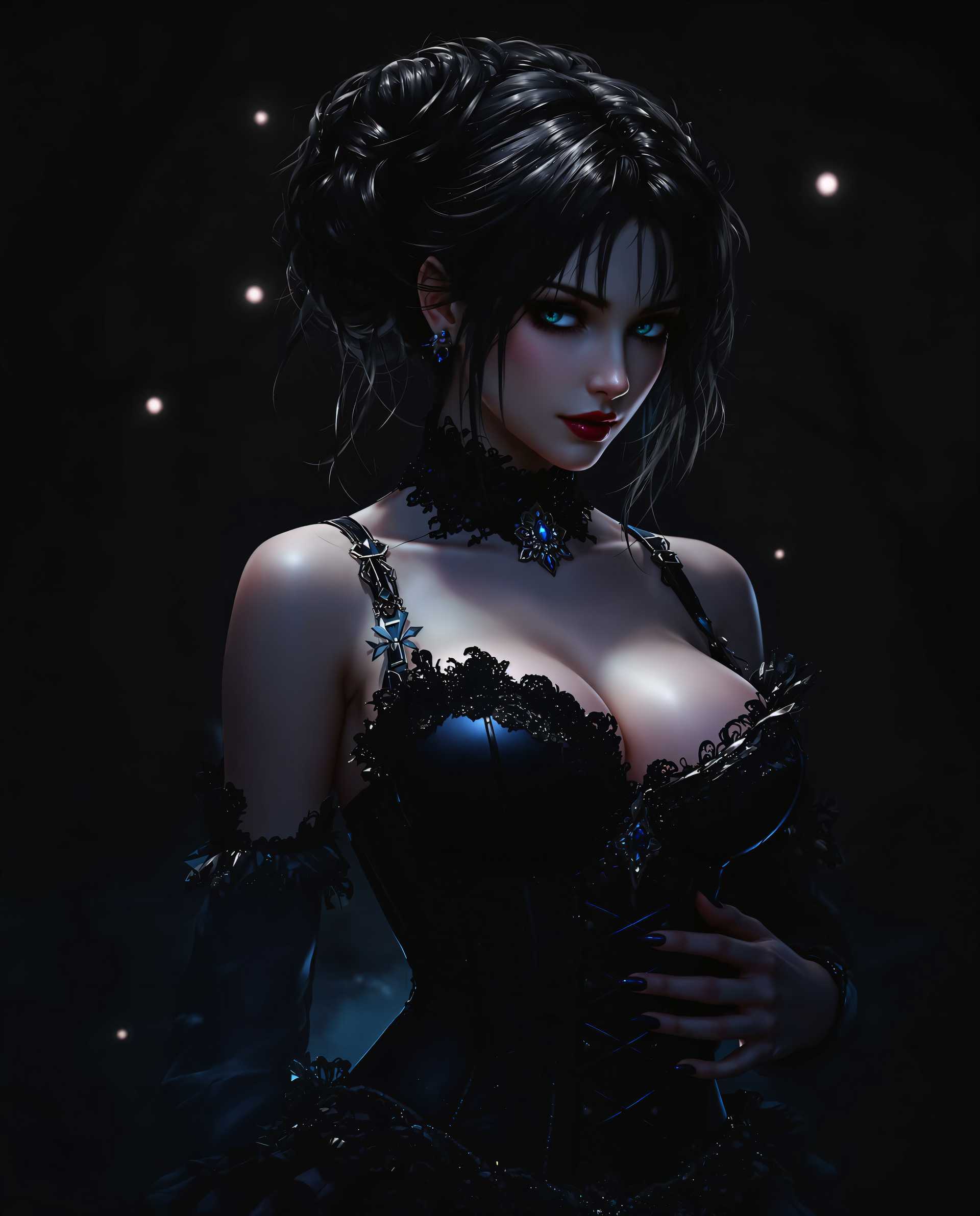 masterpiece, best quality, highres, sharp image, more detail <lora:more_details:0.5> <lora:SDXLrender_v2.0:1>, This image is a realistic photo (photograph) of a female real person digital artwork that presents a figure in a gothic style. The art style is characterized by its detailed rendering, dramatic lighting, and a focus on the interplay of light and shadow to create a sense of depth and realism. The medium appears to be a digital painting, given the smooth blending of colors and the lack of texture that might be present in a traditional painting.The colors in the image are predominantly dark and moody, with a focus on black, gray, and touches of deep blue and purple. These colors contribute to the gothic atmosphere of the piece. The figure is wearing a corset with intricate lace and beadwork, which adds a touch of elegance to the otherwise dark and somber palette.The corset is detailed with lace trim, ruffles, and a central ornate brooch. The straps are delicate and appear to be made of a thin, possibly metallic material, which gives them a subtle sheen. The figures hair is styled in an elaborate updo, with loose strands cascading down her back and shoulders. The hair is a mix of dark and lighter tones, with highlights that catch the light, adding dimension to the hairstyle.The figures skin is rendered with a high level of detail, showing the texture of the skin and the subtle play of light and shadow that gives it a lifelike quality. The figures posture is poised and graceful, with one hand delicately touching the corset and the other hanging loosely by her side.In the background, there is a suggestion of a dark, wooded area, with the silhouettes of trees and branches. The lighting in the background is dim, with only a few spots of light that seem to emanate from the figure, creating a sense of mystery and adding to the atmospheric quality of the image.Overall, the image is a richly detailed and atmospheric portrayal of a gothic figure, with a focus on the interplay of light and shadow, and a deep, moody color palette.