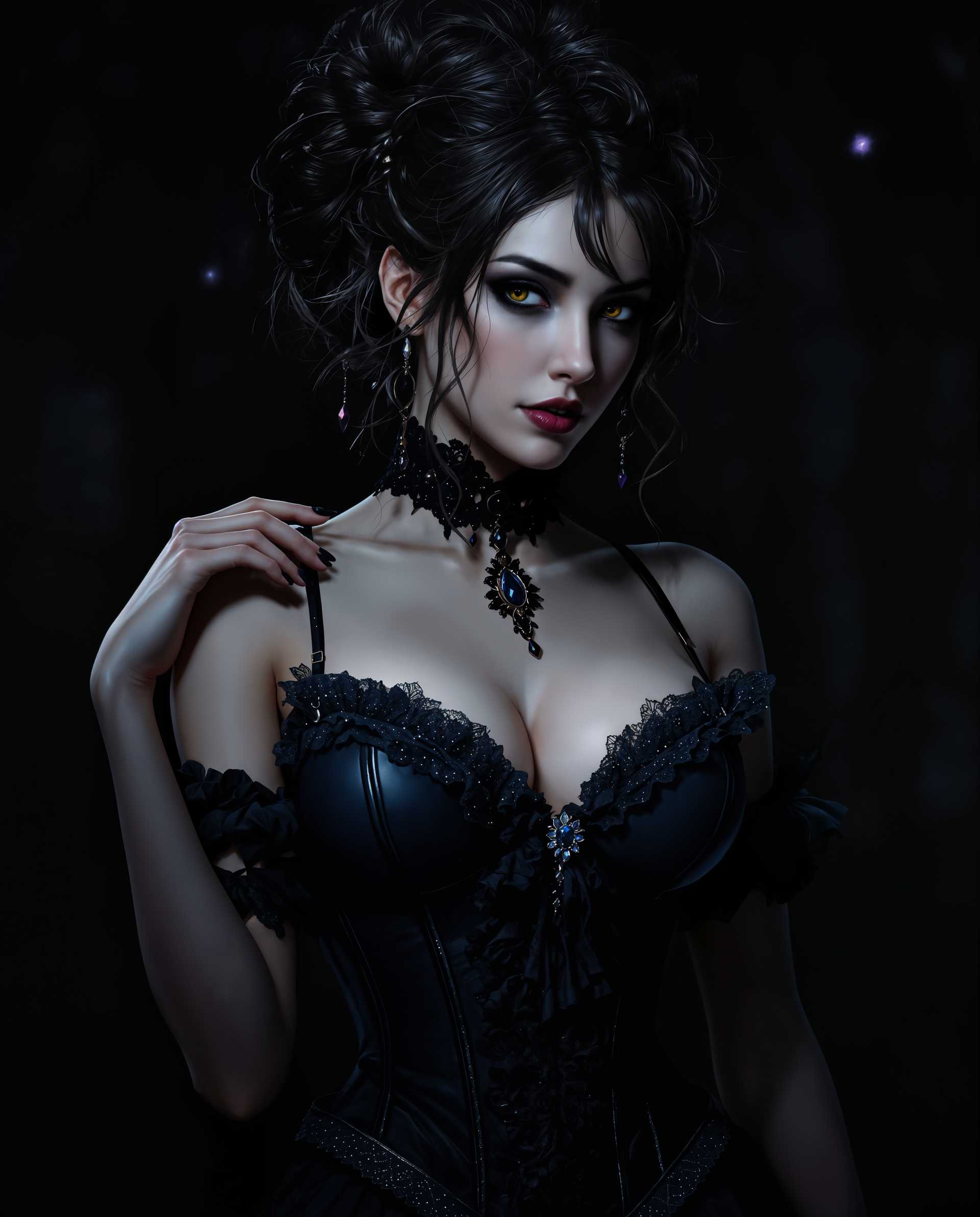 masterpiece, best quality, highres, sharp image, more detail <lora:more_details:0.5> <lora:SDXLrender_v2.0:1>, masterpiece, best quality, highres, sharp image, more detail, This image is a realistic photo (photograph) of a female real person digital artwork that presents a figure in a gothic style. The art style is characterized by its detailed rendering, dramatic lighting, and a focus on the interplay of light and shadow to create a sense of depth and realism. The medium appears to be a digital painting, given the smooth blending of colors and the lack of texture that might be present in a traditional painting.The colors in the image are predominantly dark and moody, with a focus on black, gray, and touches of deep blue and purple. These colors contribute to the gothic atmosphere of the piece. The figure is wearing a corset with intricate lace and beadwork, which adds a touch of elegance to the otherwise dark and somber palette.The corset is detailed with lace trim, ruffles, and a central ornate brooch. The straps are delicate and appear to be made of a thin, possibly metallic material, which gives them a subtle sheen. The figures hair is styled in an elaborate updo, with loose strands cascading down her back and shoulders. The hair is a mix of dark and lighter tones, with highlights that catch the light, adding dimension to the hairstyle.The figures skin is rendered with a high level of detail, showing the texture of the skin and the subtle play of light and shadow that gives it a lifelike quality. The figures posture is poised and graceful, with one hand delicately touching the corset and the other hanging loosely by her side.In the background, there is a suggestion of a dark, wooded area, with the silhouettes of trees and branches. The lighting in the background is dim, with only a few spots of light that seem to emanate from the figure, creating a sense of mystery and adding to the atmospheric quality of the image.Overall, the image is a richly detailed and atmospheric portrayal of a gothic figure, with a focus on the interplay of light and shadow, and a deep, moody color palette.