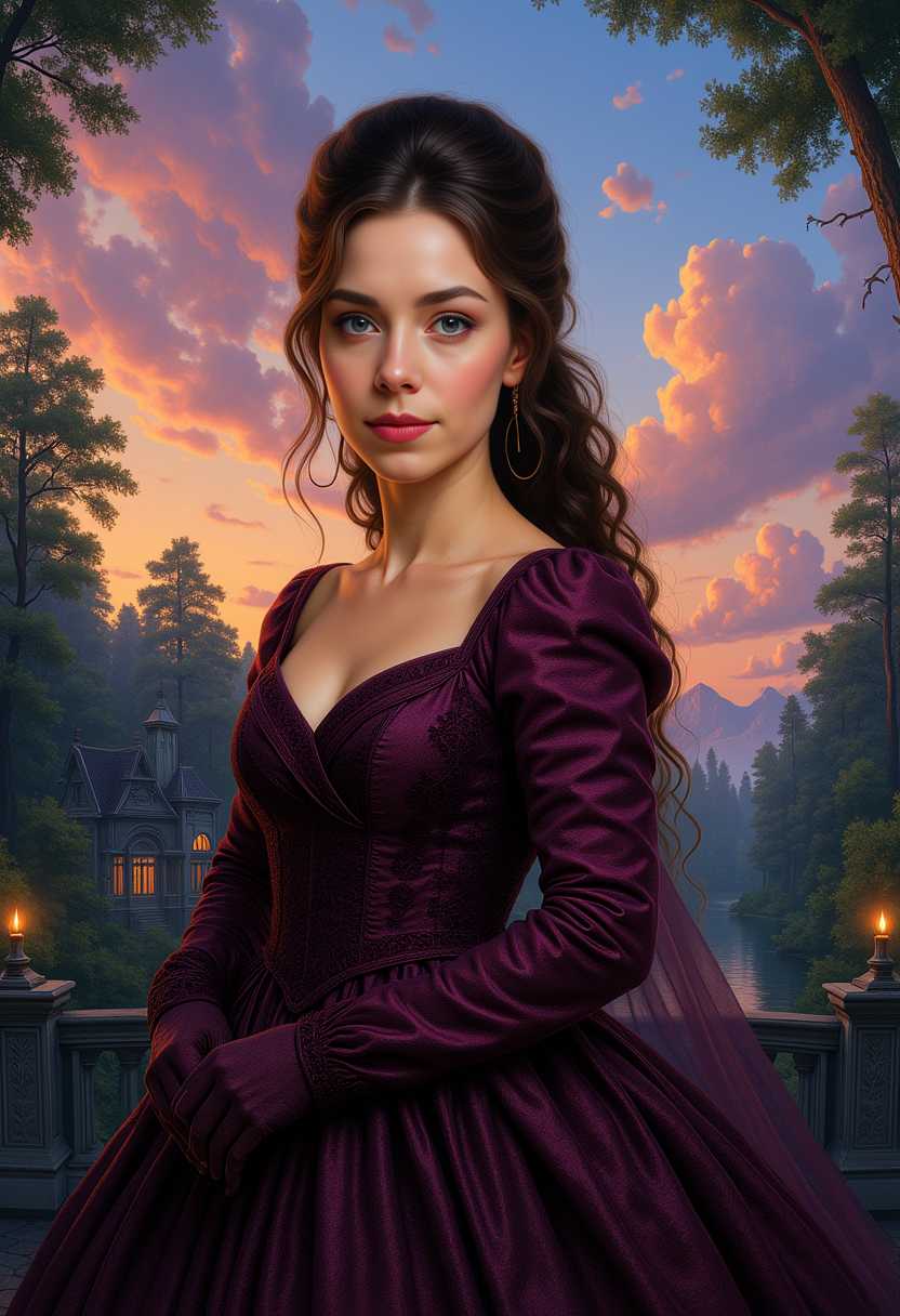 Kira-Lux-Flux, Clarissa Virginia [looks like Vampirella], a blend of Artgerm and Rubens style [very detailed painting in the tradition of Hudson River School], beauty  victorian  hair, clad in a stunning victorian dress, looking at you, against a dramatic landscape of Hereafter bathed in the magic glow of twilight, stunning Hereafter landscape, victorian villa, forrest, Dream-View, Lake, backlighting, soft shadows, vibrant skyline, intricate fabric textures, hyper-detailed, golden hour ambiance, ultra realistic, wow effect
