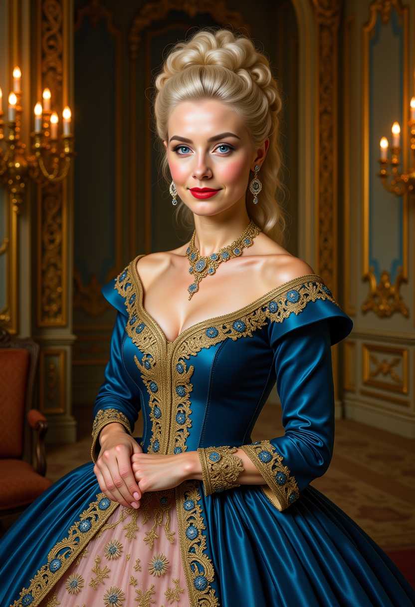 Kira-Lux-Super, In the prompt provided, the main subject is a young woman who bears a striking resemblance to Grace Kelly. She is seen in an opulent, Rococo-inspired mood, wearing an elaborate dress in vibrant winter colors. The dress is rich in architectural details and voluminous, adding to the grandeur of the image. This portrayal of the young woman is either a painting or a photograph, showcasing her in an indoor palace setting. The background is teeming with an abundance of intricate and ornate elements, further accentuating the luxurious ambiance. The description aims to convey the exceptional quality of the image, capturing the viewer's attention through its extraordinary attention to detail and the lavishness it exudes.

