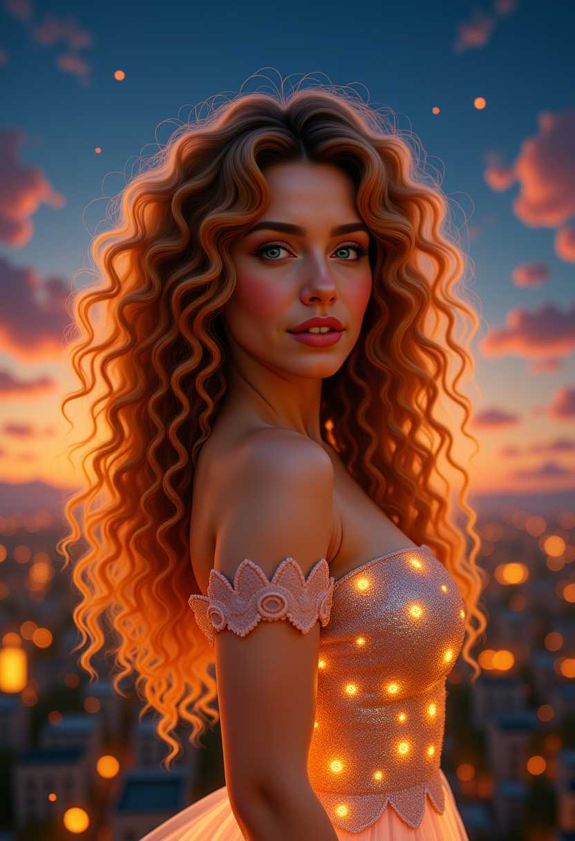 Kira-Lux-Super, Delicate texture of Kara del Toro's dress illuminating against the night, Unreal Engine 5 digital painting, Artgerm inspiration, cityscape ablaze with life behind her, curly hair flowing, radiant contrast, extreme angle, high clarity,  detailed city life, ultra-realistic, exceptional 8K Resolution


