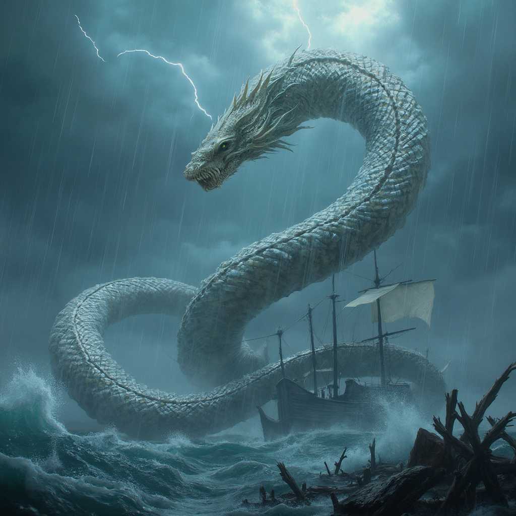 A majestic and fearsome Serpentra, a colossal serpentine creature, coiled powerfully in the midst of a stormy ocean. Its scales shimmer like pearls, reflecting iridescent hues of white, silver, and pale blue under the dramatic, overcast sky. Each scale is intricately detailed, with a glossy, almost liquid texture that catches the faint glimmers of lightning flashing in the distance. The creature's immense body twists and curves dynamically, crushing remnants of wooden ships within its mighty coils, splintered debris floating in the churning, dark waves below. The composition focuses on Serpentra as the central subject, captured from a low, upward camera angle to emphasize its towering dominance and menacing presence over the shattered fleet. The mood is intense and foreboding, with a sense of raw, untamed power; the atmosphere is heavy with the scent of rain and the roar of thunder, set during a tempest at dusk. The artistic style is hyper-realistic with elements of fantasy art, featuring sharp, photorealistic details in the creature's scales and the ocean's frothy texture, rendered with dramatic lighting and deep shadows to enhance the epic, cinematic feel.