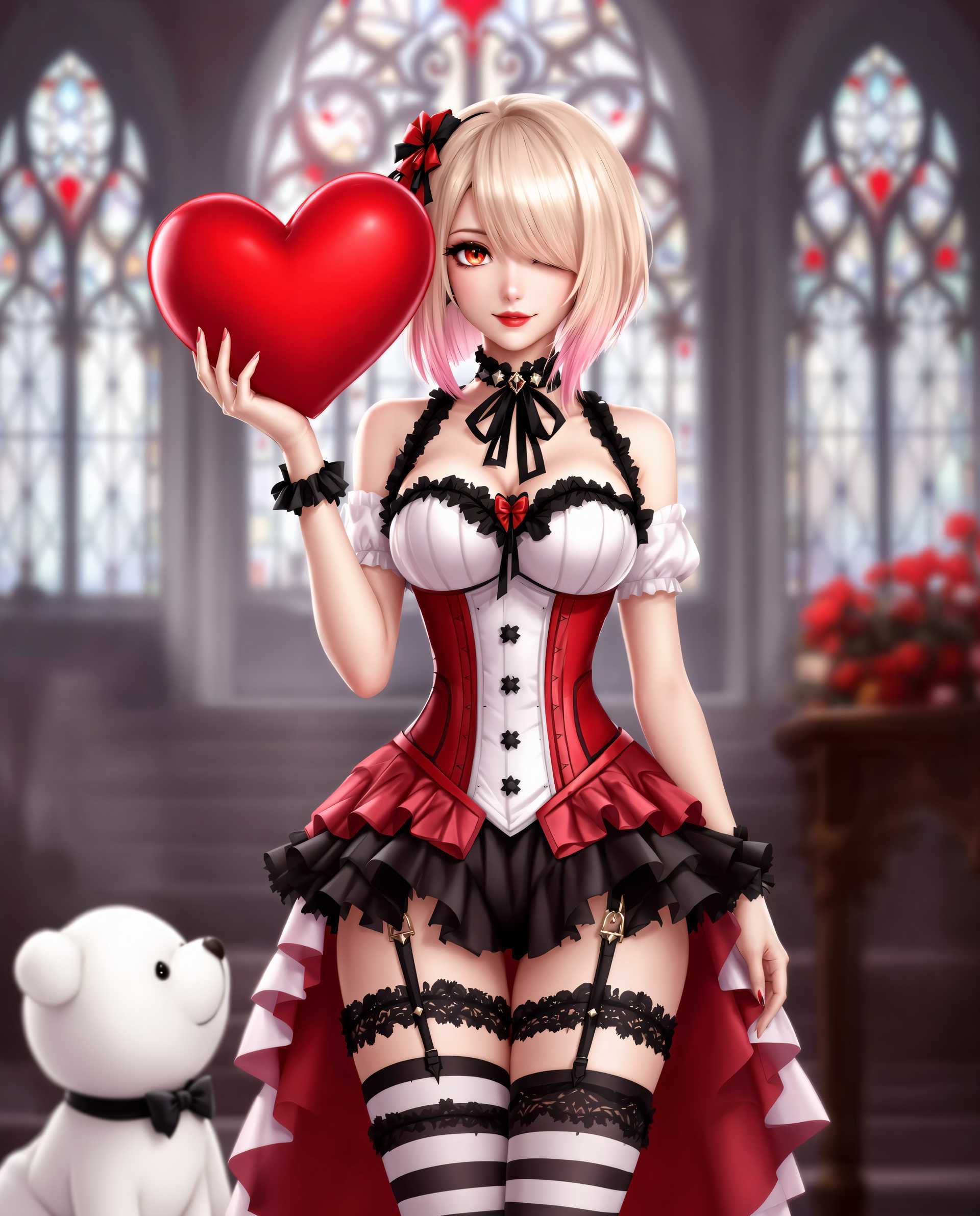 masterpiece, best quality, highres, sharp image, more detail <lora:more_details:0.5> <lora:SDXLrender_v2.0:1>, This is a realistic photo (photograph) of a female real person highresolution digital illustration that showcases a character in a gothicinspired outfit, holding a large red heartshaped object. The character has blonde hair with a gradient of pink tones, styled in a sideswept bangs fashion. The hair is adorned with a red heart accessory, matching the heart held in the hand. The characters attire includes a white and red corset with black lace and ruffles, paired with matching thighhigh stockings featuring a black and white striped pattern and lace details at the hem. The stockings are fastened with black suspenders that also feature lace and ruffles.The medium of the artwork is digital painting, evident from the smooth blending of colors and the lack of texture that might be present in traditional painting mediums. The colors are rich and vibrant, with a predominance of red, white, and black, creating a striking contrast that emphasizes the gothic theme. The red heart stands out prominently against the predominantly white and black outfit, drawing the viewers attention to the central figure.In the foreground, there is a small, cute white creature, possibly a puppy or a small bear, wearing a black bow tie and collar. The creature is looking up towards the character, adding a sense of innocence and companionship to the scene. The background is a blurred, gothic architecture, with intricate ironwork and stained glass windows, suggesting an indoor setting that complements the gothic aesthetic of the characters outfit.Overall, the image exudes a gothic yet playful atmosphere, with a focus on the characters striking outfit and the heart as a central symbol of love or affection. The use of color and composition creates a visually engaging piece that captures the viewers attention.
