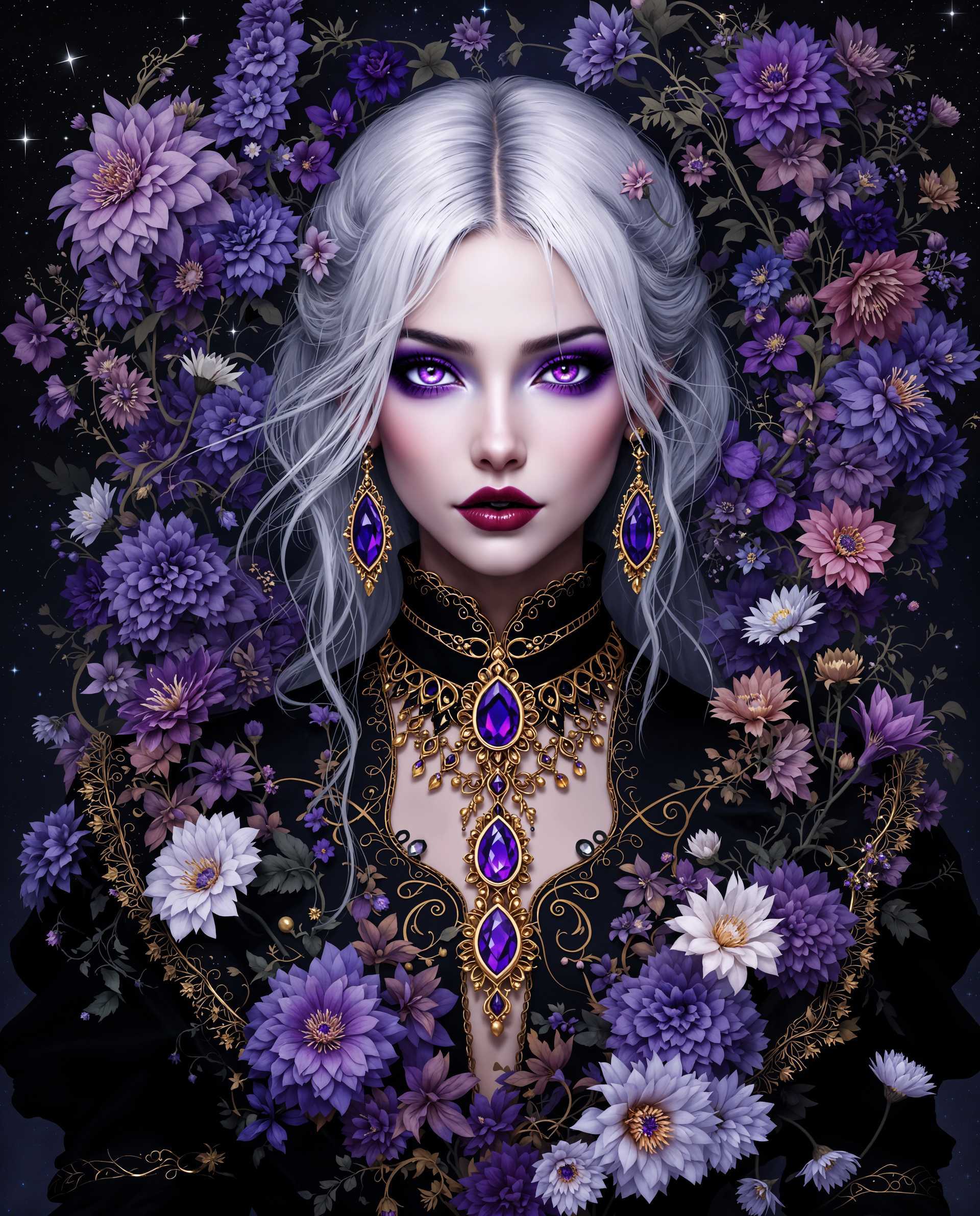 masterpiece, best quality, highres, sharp image, more detail <lora:more_details:0.5> <lora:SDXLrender_v2.0:1>, masterpiece, best quality, highres, sharp image, more detail, This is a realistic photo (photograph) of a female real person photograph that exudes a gothic and mystical aura. The medium appears to be digital painting, as evidenced by the smooth blending of colors and the lack of texture that one might find in traditional mediums like oil or watercolor.The colors in the image are rich and varied, with a predominance of purples, blues, and blacks that create a moody and atmospheric effect. The use of these dark colors is balanced by the inclusion of lighter, more vibrant hues such as pinks, whites, and oranges, which stand out and draw the eye. The interplay of light and shadow is masterfully executed, with highlights and shadows that give depth and dimension to the characters and objects.The objects in the image are numerous and varied. At the center is a figure with pale, silver hair and striking purple eyes, which are the focal point of the image. The figure is adorned with an elaborate black outfit with gold trim and jewelry, including a necklace with a prominent purple gemstone and matching earrings. The outfit is detailed with lace and ruffles, adding to the gothic aesthetic.Surrounding the figure is a lush array of flowers, predominantly in shades of purple and blue, with a few white flowers interspersed. These flowers are depicted with intricate petals and leaves, and they are arranged in a seemingly random yet harmonious manner that frames the figure. The flowers are intertwined with vines and tendrils, creating a sense of entanglement and connection with the figure.In the background, there is a dark, starry sky that adds to the mystical and otherworldly feel of the image. The stars are small and scattered, and they contribute to the overall sense of depth and expanse.Overall, the image is a rich tapestry of color, form, and symbolism that invites the viewer to delve into its mysterious depths.