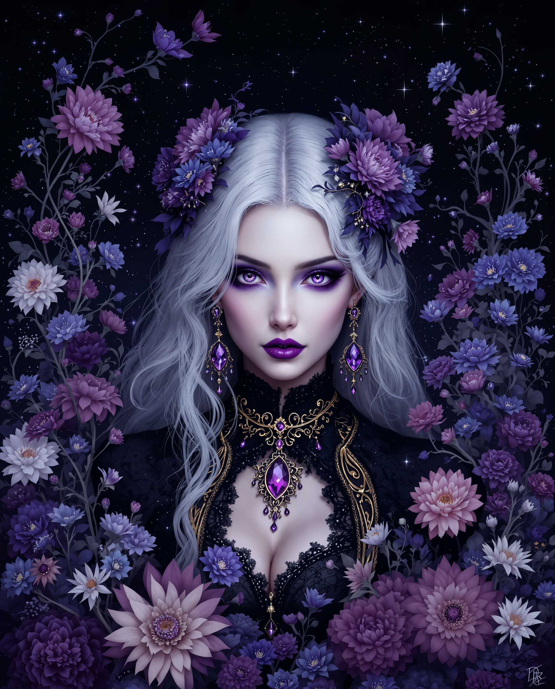 masterpiece, best quality, highres, sharp image, more detail <lora:more_details:0.5> <lora:SDXLrender_v2.0:1>, masterpiece, best quality, highres, sharp image, more detail, This is a realistic photo (photograph) of a female real person photograph that exudes a gothic and mystical aura. The medium appears to be digital painting, as evidenced by the smooth blending of colors and the lack of texture that one might find in traditional mediums like oil or watercolor.The colors in the image are rich and varied, with a predominance of purples, blues, and blacks that create a moody and atmospheric effect. The use of these dark colors is balanced by the inclusion of lighter, more vibrant hues such as pinks, whites, and oranges, which stand out and draw the eye. The interplay of light and shadow is masterfully executed, with highlights and shadows that give depth and dimension to the characters and objects.The objects in the image are numerous and varied. At the center is a figure with pale, silver hair and striking purple eyes, which are the focal point of the image. The figure is adorned with an elaborate black outfit with gold trim and jewelry, including a necklace with a prominent purple gemstone and matching earrings. The outfit is detailed with lace and ruffles, adding to the gothic aesthetic.Surrounding the figure is a lush array of flowers, predominantly in shades of purple and blue, with a few white flowers interspersed. These flowers are depicted with intricate petals and leaves, and they are arranged in a seemingly random yet harmonious manner that frames the figure. The flowers are intertwined with vines and tendrils, creating a sense of entanglement and connection with the figure.In the background, there is a dark, starry sky that adds to the mystical and otherworldly feel of the image. The stars are small and scattered, and they contribute to the overall sense of depth and expanse.Overall, the image is a rich tapestry of color, form, and symbolism that invites the viewer to delve into its mysterious depths.