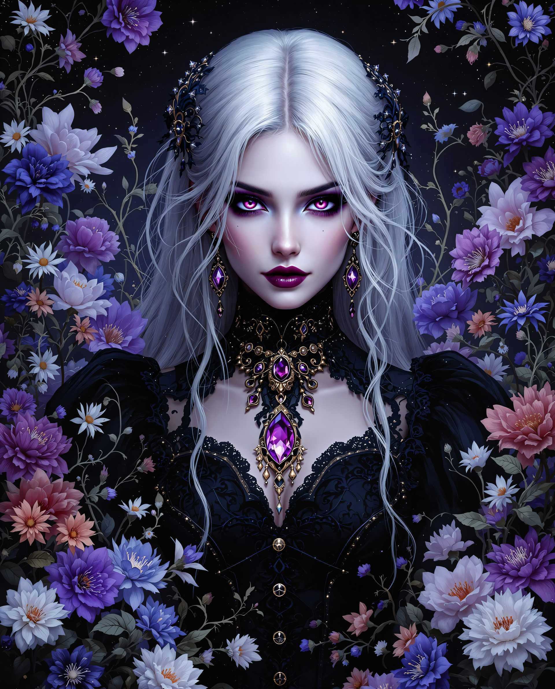 masterpiece, best quality, highres, sharp image, more detail <lora:more_details:0.5> <lora:SDXLrender_v2.0:1>, This is a realistic photo (photograph) of a female real person photograph that exudes a gothic and mystical aura. The medium appears to be digital painting, as evidenced by the smooth blending of colors and the lack of texture that one might find in traditional mediums like oil or watercolor.The colors in the image are rich and varied, with a predominance of purples, blues, and blacks that create a moody and atmospheric effect. The use of these dark colors is balanced by the inclusion of lighter, more vibrant hues such as pinks, whites, and oranges, which stand out and draw the eye. The interplay of light and shadow is masterfully executed, with highlights and shadows that give depth and dimension to the characters and objects.The objects in the image are numerous and varied. At the center is a figure with pale, silver hair and striking purple eyes, which are the focal point of the image. The figure is adorned with an elaborate black outfit with gold trim and jewelry, including a necklace with a prominent purple gemstone and matching earrings. The outfit is detailed with lace and ruffles, adding to the gothic aesthetic.Surrounding the figure is a lush array of flowers, predominantly in shades of purple and blue, with a few white flowers interspersed. These flowers are depicted with intricate petals and leaves, and they are arranged in a seemingly random yet harmonious manner that frames the figure. The flowers are intertwined with vines and tendrils, creating a sense of entanglement and connection with the figure.In the background, there is a dark, starry sky that adds to the mystical and otherworldly feel of the image. The stars are small and scattered, and they contribute to the overall sense of depth and expanse.Overall, the image is a rich tapestry of color, form, and symbolism that invites the viewer to delve into its mysterious depths.