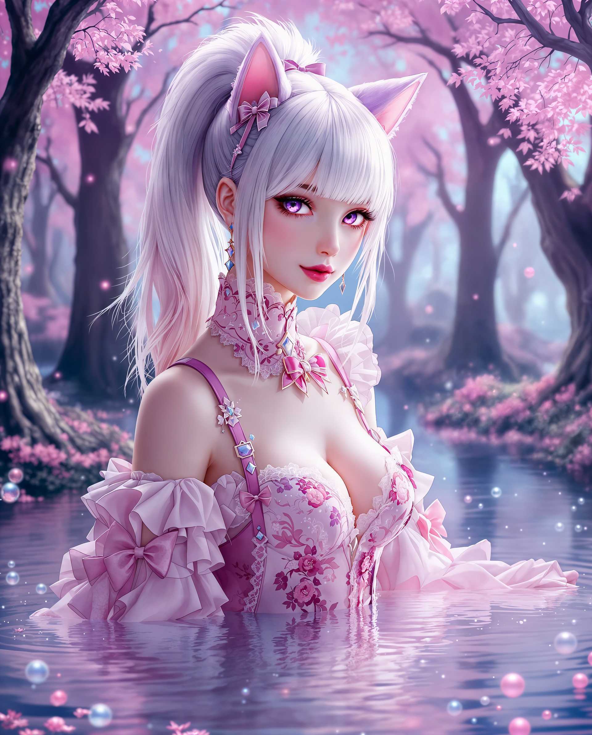 masterpiece, best quality, highres, sharp image, more detail <lora:more_details:0.5> <lora:SDXLrender_v2.0:1>, masterpiece, best quality, highres, sharp image, more detail, This is a realistic photo (photograph) of a female real person intricate and detailed photograph that features a central character with a realistic aesthetic. The character has a humanoid form with catlike ears and a tail, suggesting a possible mythical or magical creature. The hair is a gradient of white to a soft purple, with bangs that frame the face and a high ponytail secured with a bow. The eyes are a striking shade of purple, which is a common trait in realistic art to denote mystical or otherworldly powers.The medium appears to be a digital painting, given the smooth blending of colors and the lack of texture that might be present in traditional mediums like oil or watercolor. The character is wearing a detailed costume that seems to be made of a fabric with a floral pattern, predominantly in shades of pink and white. The costume has lace and ruffles, which add to the ethereal and delicate appearance of the character. The costume is designed to be formfitting, highlighting the curves of the body, and there are straps and bows that provide a sense of movement and dynamism.The background is a mystical forest scene, with trees that have a translucent quality, allowing light to filter through and create a dreamlike atmosphere. The colors are soft and pastel, with shades of pink, purple, and blue, which complement the characters costume and the magical aura she exudes. The ground is a reflective surface, likely water, with bubbles and ripples that add to the sense of movement and enchantment.Overall, the image is rich in detail, from the characters costume and hair to the intricate patterns and the magical forest backdrop. The use of color is vibrant and harmonious, creating a sense of realistic and wonder. The medium and style of the artwork contribute to the overall feeling of otherworldliness and enchantment.