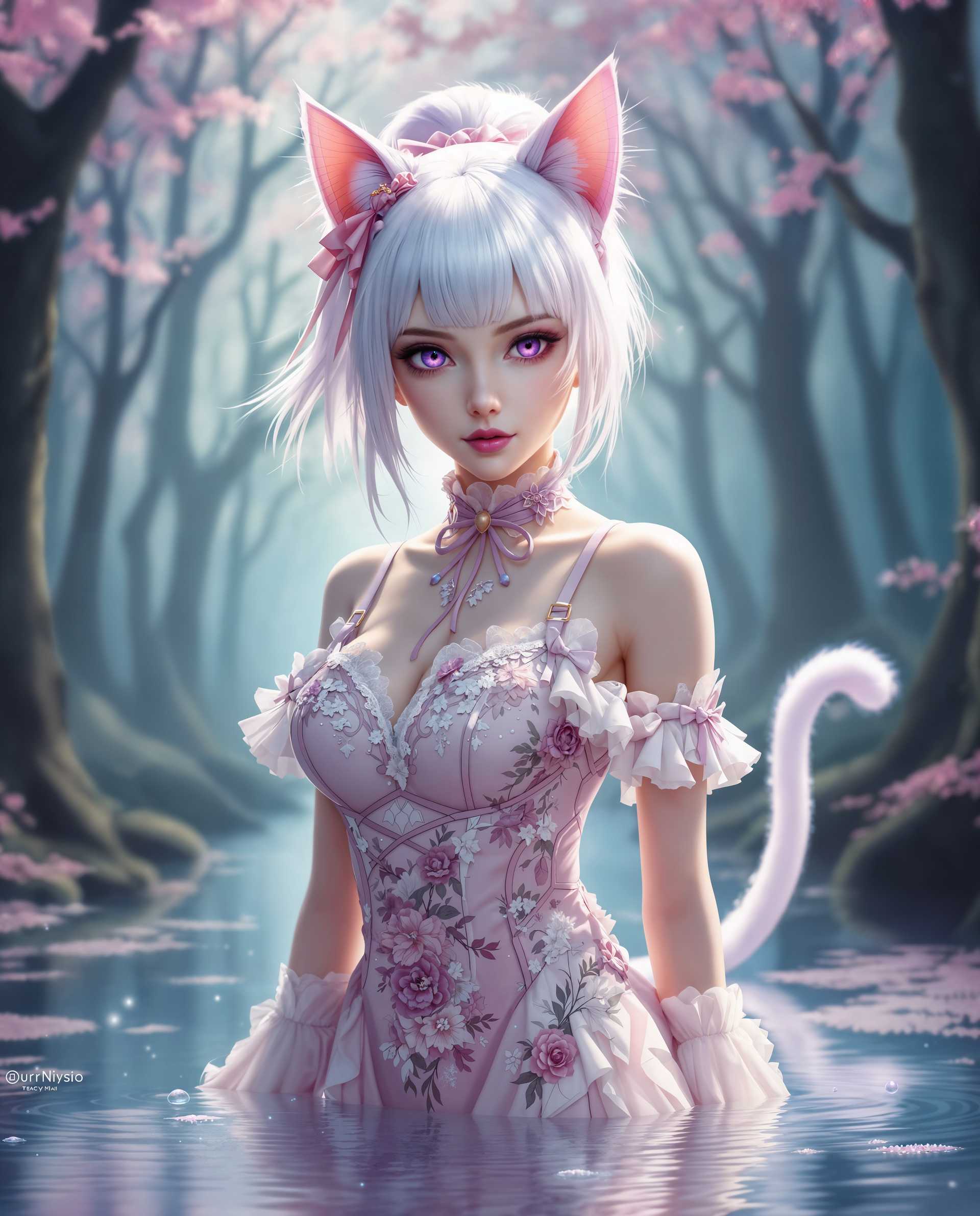 masterpiece, best quality, highres, sharp image, more detail <lora:more_details:0.5> <lora:SDXLrender_v2.0:1>, masterpiece, best quality, highres, sharp image, more detail, This is a realistic photo (photograph) of a female real person intricate and detailed photograph that features a central character with a realistic aesthetic. The character has a humanoid form with catlike ears and a tail, suggesting a possible mythical or magical creature. The hair is a gradient of white to a soft purple, with bangs that frame the face and a high ponytail secured with a bow. The eyes are a striking shade of purple, which is a common trait in realistic art to denote mystical or otherworldly powers.The medium appears to be a digital painting, given the smooth blending of colors and the lack of texture that might be present in traditional mediums like oil or watercolor. The character is wearing a detailed costume that seems to be made of a fabric with a floral pattern, predominantly in shades of pink and white. The costume has lace and ruffles, which add to the ethereal and delicate appearance of the character. The costume is designed to be formfitting, highlighting the curves of the body, and there are straps and bows that provide a sense of movement and dynamism.The background is a mystical forest scene, with trees that have a translucent quality, allowing light to filter through and create a dreamlike atmosphere. The colors are soft and pastel, with shades of pink, purple, and blue, which complement the characters costume and the magical aura she exudes. The ground is a reflective surface, likely water, with bubbles and ripples that add to the sense of movement and enchantment.Overall, the image is rich in detail, from the characters costume and hair to the intricate patterns and the magical forest backdrop. The use of color is vibrant and harmonious, creating a sense of realistic and wonder. The medium and style of the artwork contribute to the overall feeling of otherworldliness and enchantment.