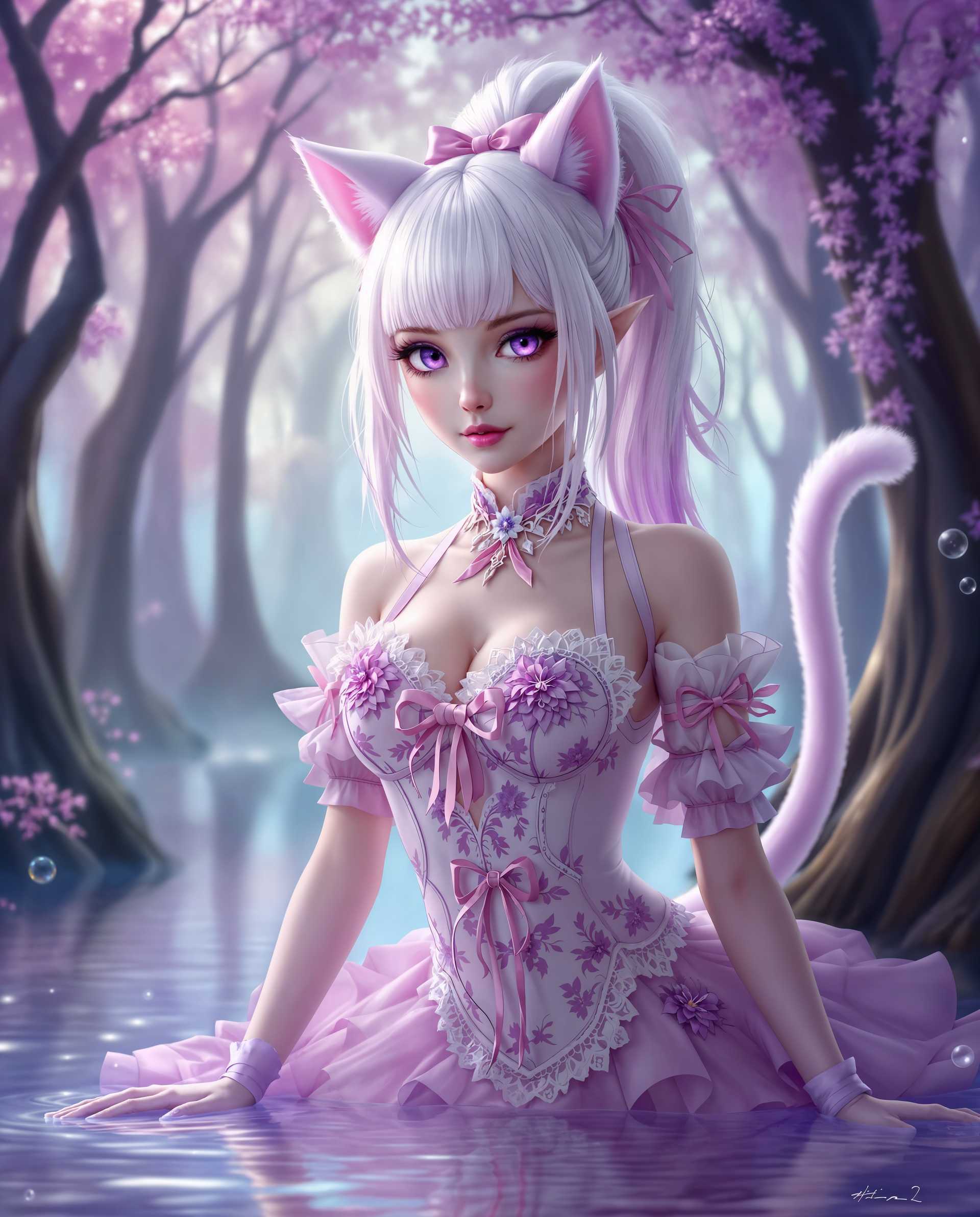 masterpiece, best quality, highres, sharp image, more detail <lora:more_details:0.5> <lora:SDXLrender_v2.0:1>, masterpiece, best quality, highres, sharp image, more detail, This is a realistic photo (photograph) of a female real person intricate and detailed photograph that features a central character with a realistic aesthetic. The character has a humanoid form with catlike ears and a tail, suggesting a possible mythical or magical creature. The hair is a gradient of white to a soft purple, with bangs that frame the face and a high ponytail secured with a bow. The eyes are a striking shade of purple, which is a common trait in realistic art to denote mystical or otherworldly powers.The medium appears to be a digital painting, given the smooth blending of colors and the lack of texture that might be present in traditional mediums like oil or watercolor. The character is wearing a detailed costume that seems to be made of a fabric with a floral pattern, predominantly in shades of pink and white. The costume has lace and ruffles, which add to the ethereal and delicate appearance of the character. The costume is designed to be formfitting, highlighting the curves of the body, and there are straps and bows that provide a sense of movement and dynamism.The background is a mystical forest scene, with trees that have a translucent quality, allowing light to filter through and create a dreamlike atmosphere. The colors are soft and pastel, with shades of pink, purple, and blue, which complement the characters costume and the magical aura she exudes. The ground is a reflective surface, likely water, with bubbles and ripples that add to the sense of movement and enchantment.Overall, the image is rich in detail, from the characters costume and hair to the intricate patterns and the magical forest backdrop. The use of color is vibrant and harmonious, creating a sense of realistic and wonder. The medium and style of the artwork contribute to the overall feeling of otherworldliness and enchantment.