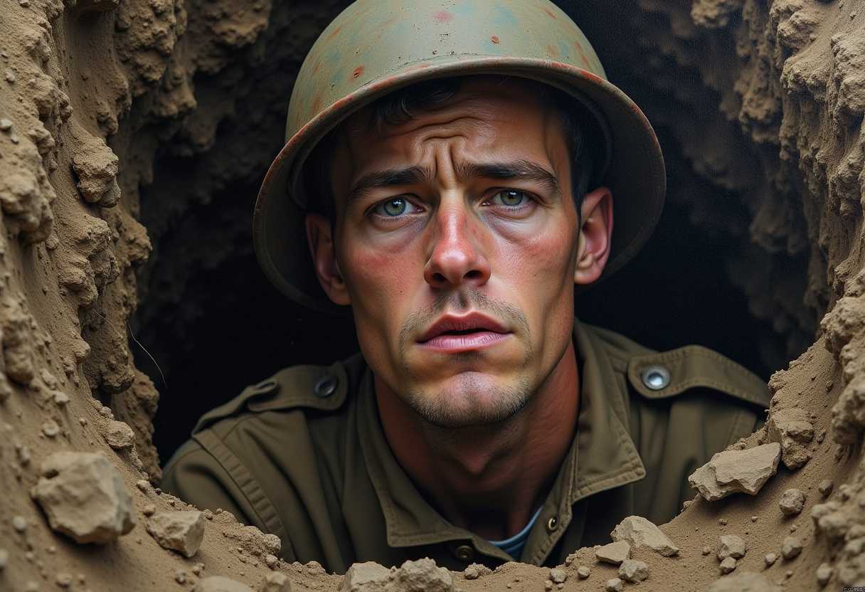 
Sfumato oil painting of dirty and tired face of a WW1 soldier in a trench. Pale and shellshocked, with blank, unfocused gaze.

