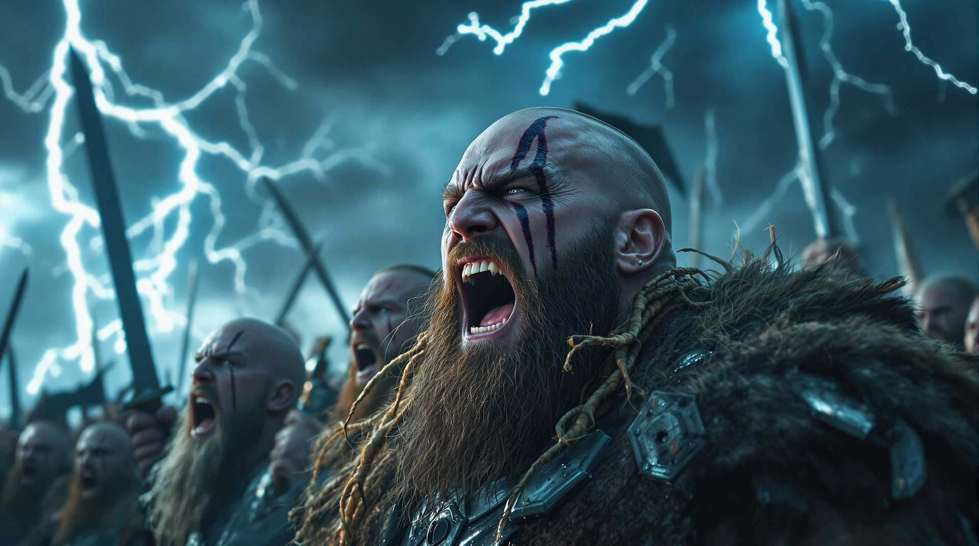 ultradetailed:Epic movie poster, ultra realistic, 8K. Vikings without helmets, with scarred and painted faces, wet from rain braids on beards, some bald - scream, raising swords and axes. Hyper detailed faces, full of fury. Background: sky torn by raging lightning, time stopped as in Valhalla. Monumental tension, announcement of battle, dynamic compositions and cinematic drama.8k.hd.ciaroscuro.