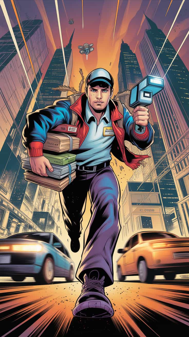 A dynamic comic book cover featuring a determined delivery guy as the central hero, illustrated in the bold, detailed style of Mark Brooks. The protagonist stands in a powerful pose, holding a stack of packages with one arm while gripping a futuristic delivery scanner with the other, his uniform slightly tattered but vibrant with red and blue accents. His face shows grit and determination, with sweat beading on his brow under a tilted cap. The background bursts with a chaotic urban cityscape at dusk, skyscrapers towering under a fiery orange and purple sky, with streaks of neon lights reflecting off wet streets after a recent rain. Dramatic shadows and sharp linework emphasize the intensity, with motion lines suggesting speed as he dodges obstacles like flying drones and speeding vehicles. The composition is framed with a low-angle perspective, making the delivery guy appear larger-than-life, a true underdog hero. The mood is energetic and urgent, capturing the high-stakes thrill of his mission. Intricate details like package labels, scuffed boots, and a torn map in his pocket add depth, rendered with hyper-detailed inking and vibrant comic coloring typical of modern superhero art.