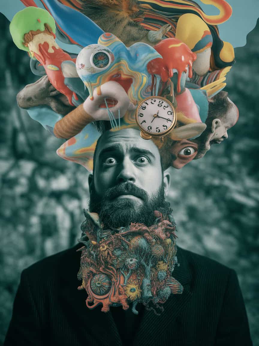 Surrealist Collage, Psychedelic Themes	Bearded Punk Man	The photo is a collage of disparate elements, each with a unique, vibrant color palette.	The man's head is detached from his body, floating in a sea of abstract shapes and textures.	The details of the man's clothes, beard, and even the environment are meticulously captured in a chaotic, yet beautiful, collage.	The man's eyes are closed, as if he's deeply immersed in a dream world.	The man's head is surrounded by surreal and unexpected objects, such as floating clocks, melting ice cream cones, and psychedelic eyes. Darkroom Photography, Psychedelic Manipulation	Bearded Punk Man	The photo uses muted, almost monochromatic colors, creating a dark and mysterious atmosphere.	The man's figure is blurred and distorted, almost dissolving into the background.	The man's beard appears to be made of intricate, almost alien patterns, each detail a story of its own.	The man's eyes are wide with fear, as if he's witnessing something terrifying yet beautiful.	A single, bright light source appears in the distance, casting long, distorted shadows that seem to reach out and touch the man.
