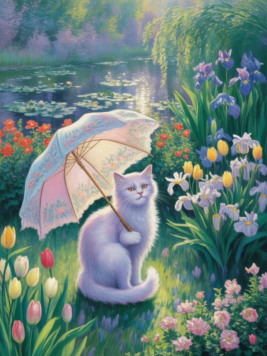 Imagine a whimsical scene inspired by the impressionist style of Claude Monet. The centerpiece of the image is a charming, fluffy white cat sitting gracefully beneath a delicate, pastel-colored parasol. The parasol features intricate floral patterns in shades of pink, lavender, and soft green, casting a playful dappled light onto the ground. Surrounding the cat is a lush garden filled with a riot of blooming flowers, including vibrant irises, delicate daisies, and clusters of tulips in a spectrum of colors—red, yellow, and blue. The painting captures a moment in early morning, with soft, diffused sunlight filtering through the trees, creating shimmering reflections on the cat's glossy fur. The background showcases a tranquil pond, reminiscent of Monet's famous water lilies, where lily pads float serenely on the surface, and willows sway gently in the breeze. The overall mood is peaceful and serene, inviting the viewer to step into this enchanting garden. The composition exudes a dreamy quality, with brush strokes that suggest movement and soft edges, typical of Monet’s technique. The colors are bold yet soft, embodying the essence of spring with an uplifting, joyful atmosphere. This artwork evinces both the charm of a domestic cat and the beauty of nature, creating a harmonious blend of whimsy and impressionist elegance.