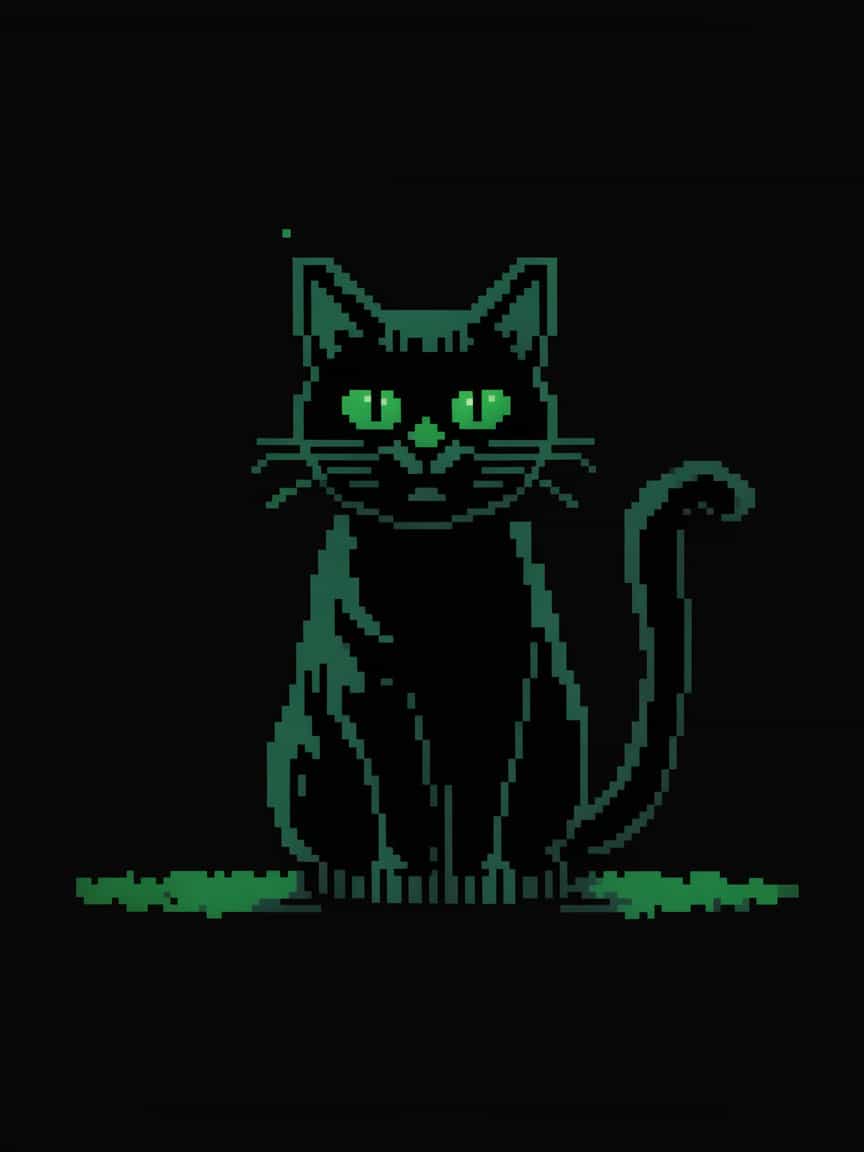 A stark silhouette against a black background, the pixelated form of a black cat is rendered with minimalist detail. Each pixel, a tiny square of vibrant green, meticulously placed to form the feline's iconic shape. The cat sits upright, its body a compact triangle of pixels, the tip forming its pointed ears. Two bright green pixels serve as eyes, gleaming like emeralds in the darkness. A single, diagonal line of pixels extends from the body, representing its curled tail. Despite the limited resolution and the absence of shading or texture, the cat's characteristic form and alert posture are instantly recognizable. The vibrant green pixels against the black background create a striking contrast, reminiscent of the early days of 8-bit gaming, evoking a sense of nostalgia and digital simplicity. This minimalist pixel art piece, with its limited palette and bold lines, captures the essence of the black cat in a stylized and evocative manner.