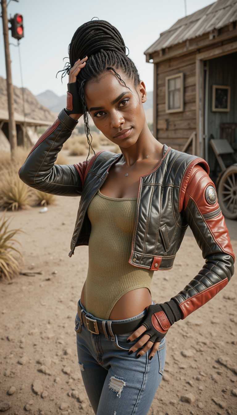 (screencap:1), (realistic:1.2), 
1girl, (PanamXL), skindentation, black hair, hair bun, freckles, black eyes, black nails, fingerless gloves, cropped jacket, leotard, jeans, belt, cleavage, small breasts, wide hips, dark skin, science fiction
light smile, serious, dutch angle, naughty pose, looking at viewer, outdoors, solo, dynamic pose, cowboy shot, head tilt, one hand on hips, one hand on hair, from side, ass, sexually suggestive
