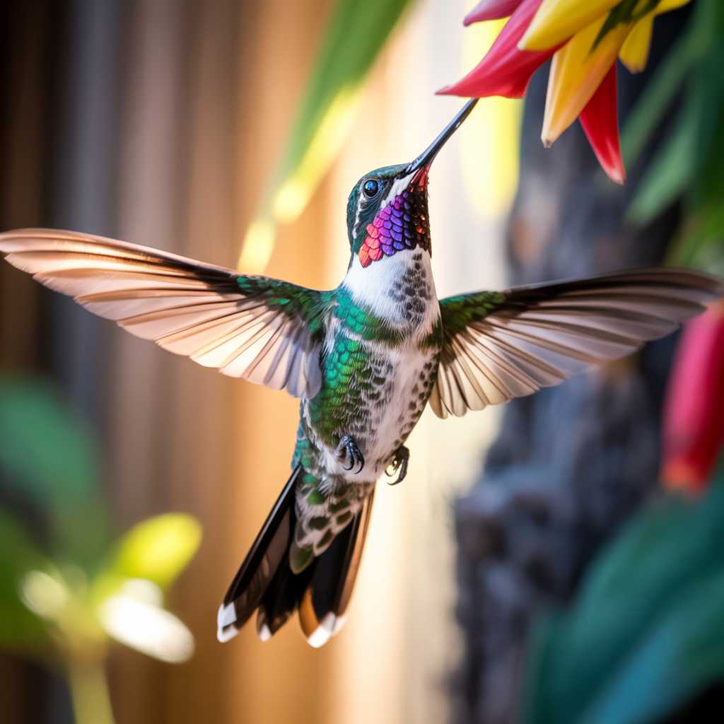 A highly detailed, photorealistic image of a magnificent hummingbird in mid-flight, captured in an intimate, breathtaking close-up as it approaches the viewer, as if you were its feeder. The bird hovers just a few feet away, its delicate wings a blur of rapid motion, showcasing dynamic energy and grace. Its iridescent plumage dazzles with vibrant emerald greens, deep sapphire blues, and subtle flashes of ruby red, each feather intricately detailed and shimmering as warm sunlight streams in from the side, bathing the scene in a golden glow. The hummingbird’s long, slender beak points forward, poised to sip nectar, while its bright, alert eyes reflect curiosity and vitality, creating a sense of connection with the viewer.

The composition is tightly framed, with the hummingbird centered and dominating the foreground, its dynamic pose emphasizing elegance and movement. The camera angle is slightly upward, enhancing the bird’s majestic presence against a softly blurred background of lush green foliage and hints of vibrant, colorful flowers, evoking a serene garden setting. The shallow depth of field ensures the hummingbird is in razor-sharp focus, while the bokeh effect in the background adds a dreamy, ethereal quality.

The mood is warm, inviting, and magical, capturing the wonder of a close encounter with nature’s delicate avian jewel. The atmosphere radiates tranquility and awe, with golden hour lighting casting soft shadows and highlighting the intricate textures of the bird’s feathers. Styled as a classic wildlife photograph, the image emulates the precision of a professional DSLR camera with a high ISO, freezing the hummingbird’s rapid motion in a single, stunning moment of stillness, showcasing every detail with hyper-realistic clarity focusing on the birds eyes.