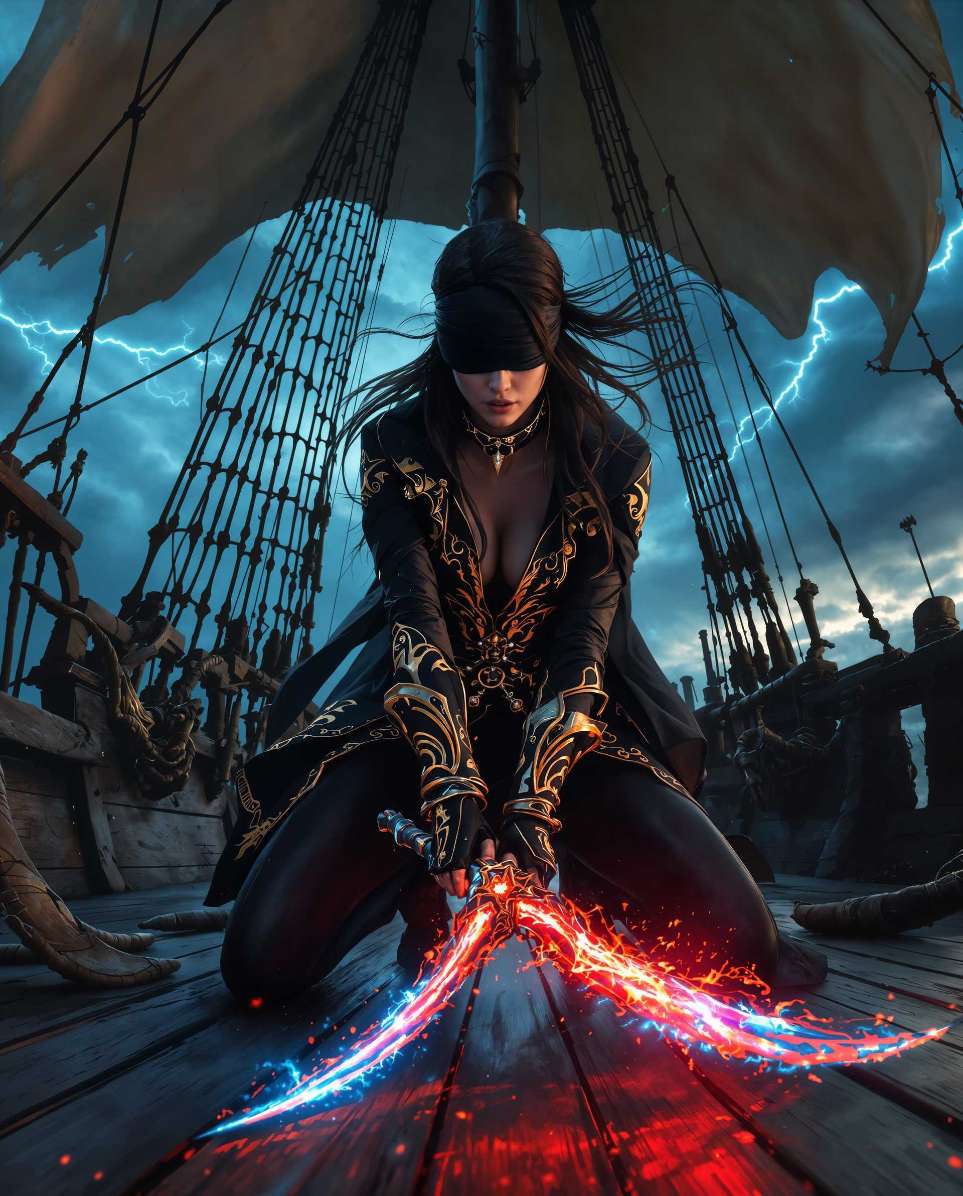 masterpiece, best quality, highres, sharp image, more detail <lora:more_details:0.5> <lora:SDXLrender_v2.0:1>, masterpiece, best quality, highres, sharp image, more detail, A hyper-realistic digital painting of a fierce female pirate, dynamically kneeling on the weathered wooden deck of a legendary pirate ship, captured in a dramatic mid-action pose. Her striking black and gold pirate outfit features intricate embroidery and sleek, futuristic textures, with a tattered cape fluttering behind her. A dark blindfold covers her eyes, adding an enigmatic and vulnerable edge to her powerful stance. In her hands, she wields a glowing red pirate weapon, inspired by the iconic style of Pirates of the Caribbean, with a mystical blue glow emanating from its tip, casting ethereal reflections on her skin and the surrounding deck. The art style masterfully blends photorealism with classic pirate aesthetics, incorporating subtle sci-fi elements in the weapon's ornate, otherworldly design. The composition centers on the pirate as the dominant subject, framed from a low camera angle to emphasize her commanding presence, with the towering masts of the ship looming in the background, their tattered sails billowing wildly in the wind. The color palette is rich and vibrant, dominated by deep blues of a stormy sea and sky, stark blacks of her outfit, and radiant golds that contrast against the muted, weathered tones of the dark wooden deck, accented by the crimson and azure glow of her weapon. The mood is intense and cinematic, set during a stormy twilight with ominous, swirling clouds and faint lightning strikes illuminating the scene, casting dramatic shadows and highlighting the intricate details of her costume, weapon, and the ship's rugged surfaces. The atmosphere crackles with tension, blending raw power and mystery, as sea spray and mist swirl around the ship, enhancing the sense of movement and imminent danger. Rendered with ultra-detailed textures—every splinter of wood, stitch of fabric, and ripple of water meticulously crafted—paired with cinematic lighting, smooth color gradients, and a dynamic depth of field, the image evokes the precision of a high-end digital painting and the raw, gripping energy of a blockbuster film still.