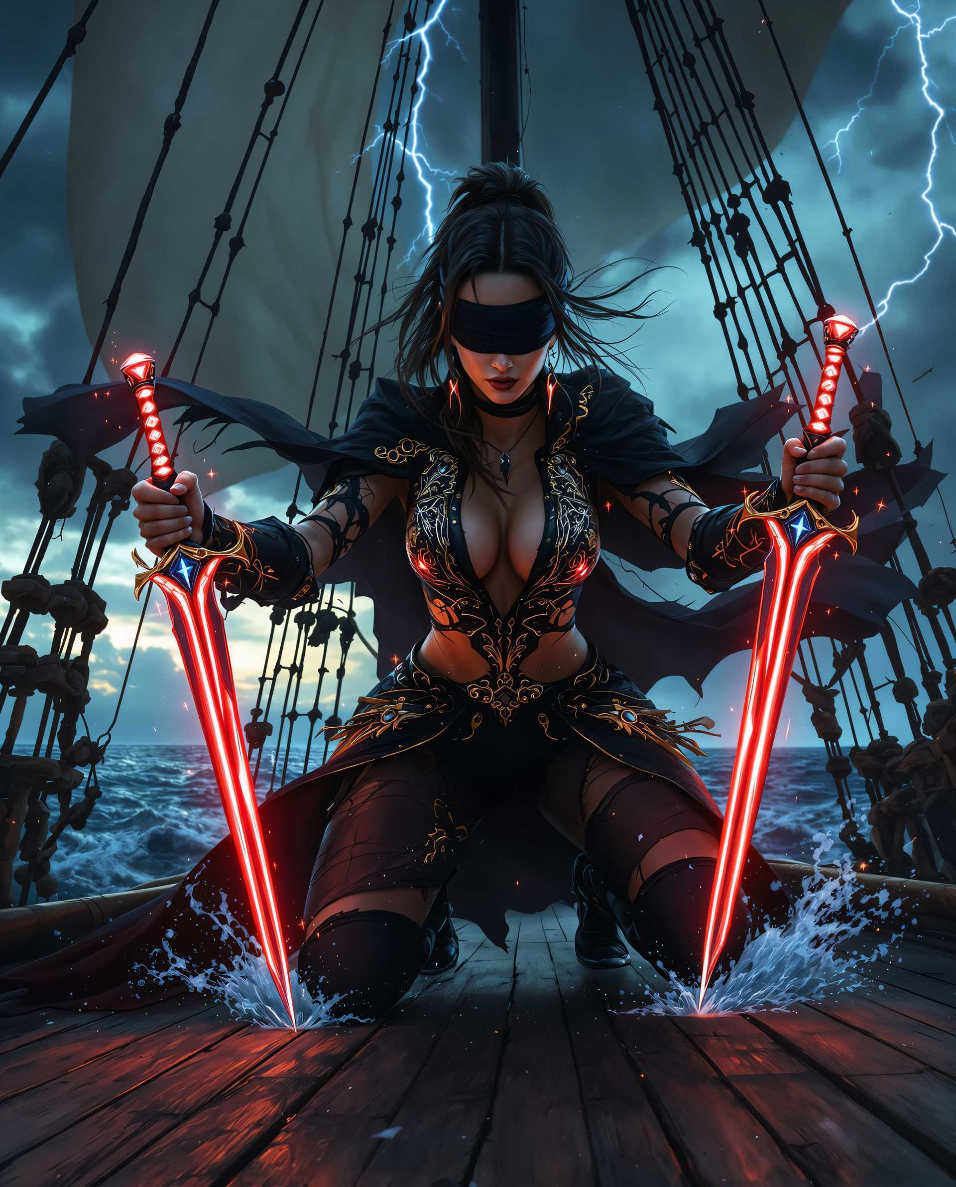 masterpiece, best quality, highres, sharp image, more detail <lora:more_details:0.5> <lora:SDXLrender_v2.0:1>, A hyper-realistic digital painting of a fierce female pirate, captured in a dynamic mid-action pose, kneeling powerfully on the weathered wooden deck of a legendary pirate ship. Her striking black and gold pirate outfit is adorned with intricate embroidery and sleek, futuristic textures, featuring a tattered cape fluttering dramatically behind her in the wind. A dark blindfold covers her eyes, lending an enigmatic and vulnerable edge to her commanding presence. In her hands, she wields glowing red pirate daggers inspired by the iconic style of Pirates of the Caribbean, with a mystical blue glow emanating from their tips, casting ethereal reflections across her skin and the surrounding deck. The art style masterfully blends photorealism with classic pirate aesthetics, incorporating subtle sci-fi elements in the daggers' ornate, otherworldly design. The composition centers the pirate as the dominant subject, framed from a low camera angle to emphasize her towering, authoritative stance, while the ship's towering masts loom in the background, their tattered sails billowing wildly against a stormy sky. The color palette is rich and vibrant, dominated by deep blues of a turbulent sea and sky, stark blacks of her outfit, and radiant golds that contrast with the muted, weathered tones of the dark wooden deck, accented by the crimson and azure glow of her daggers. The mood is intense and cinematic, set during a stormy twilight with ominous, swirling clouds and faint lightning strikes illuminating the scene, casting dramatic shadows and highlighting the intricate details of her costume, daggers, and the ship's rugged, splintered surfaces. The atmosphere crackles with tension, blending raw power and mystery, as sea spray and mist swirl around the ship, enhancing the sense of movement and imminent danger. Rendered with ultra-detailed textures—every splinter of wood, stitch of fabric, and ripple of water meticulously crafted—paired with cinematic lighting, smooth color gradients, and a dynamic depth of field, the image evokes the precision of a high-end digital painting and the raw, gripping energy of a blockbuster film still.