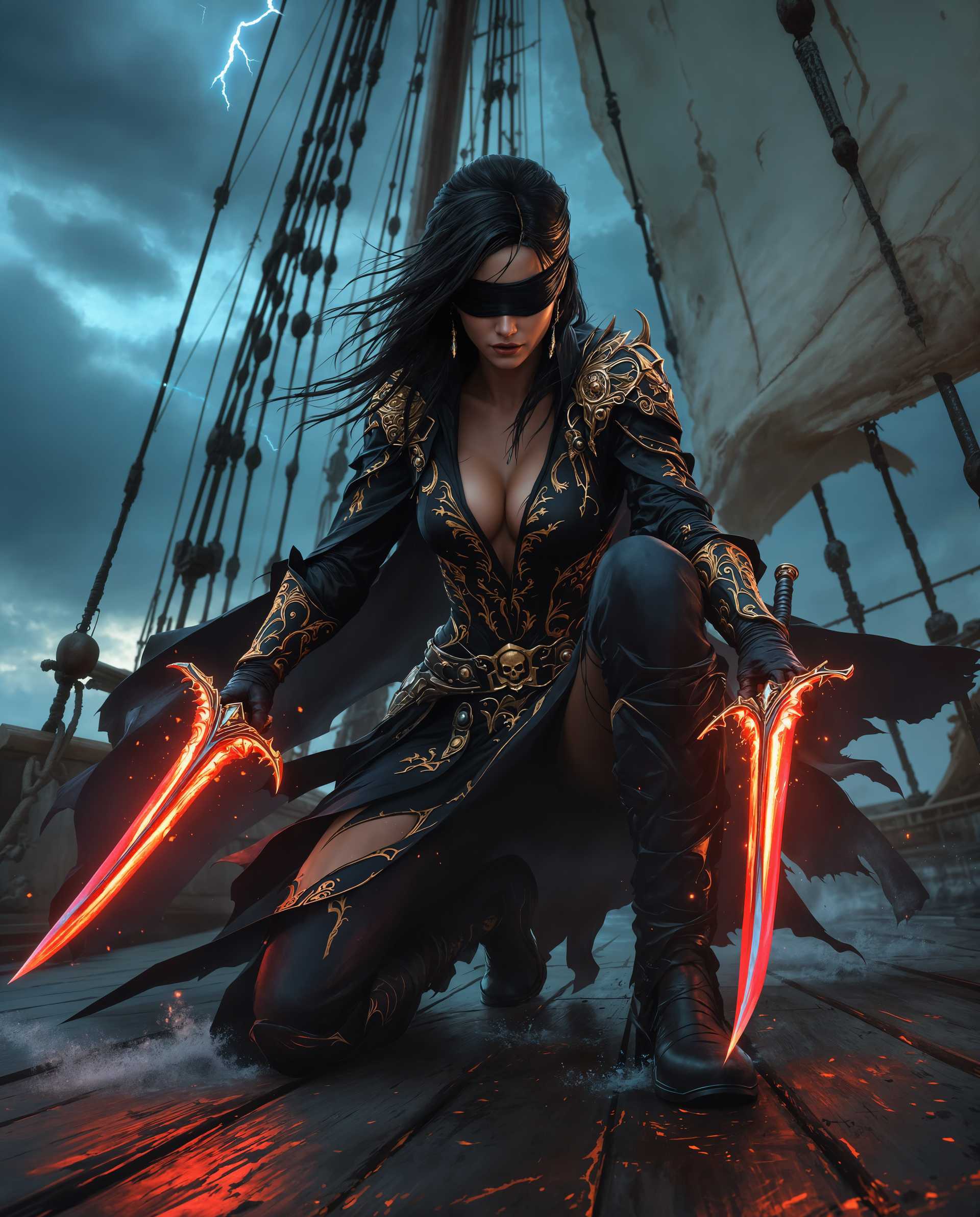 masterpiece, best quality, highres, sharp image, more detail <lora:more_details:0.5> <lora:SDXLrender_v2.0:1>, masterpiece, best quality, highres, sharp image, more detail, A hyper-realistic digital painting of a fierce female pirate, captured in a dynamic mid-action pose, kneeling powerfully on the weathered wooden deck of a legendary pirate ship. Her striking black and gold pirate outfit is adorned with intricate embroidery and sleek, futuristic textures, featuring a tattered cape fluttering dramatically behind her in the wind. A dark blindfold covers her eyes, lending an enigmatic and vulnerable edge to her commanding presence. In her hands, she wields glowing red pirate daggers inspired by the iconic style of Pirates of the Caribbean, with a mystical blue glow emanating from their tips, casting ethereal reflections across her skin and the surrounding deck. The art style masterfully blends photorealism with classic pirate aesthetics, incorporating subtle sci-fi elements in the daggers' ornate, otherworldly design. The composition centers the pirate as the dominant subject, framed from a low camera angle to emphasize her towering, authoritative stance, while the ship's towering masts loom in the background, their tattered sails billowing wildly against a stormy sky. The color palette is rich and vibrant, dominated by deep blues of a turbulent sea and sky, stark blacks of her outfit, and radiant golds that contrast with the muted, weathered tones of the dark wooden deck, accented by the crimson and azure glow of her daggers. The mood is intense and cinematic, set during a stormy twilight with ominous, swirling clouds and faint lightning strikes illuminating the scene, casting dramatic shadows and highlighting the intricate details of her costume, daggers, and the ship's rugged, splintered surfaces. The atmosphere crackles with tension, blending raw power and mystery, as sea spray and mist swirl around the ship, enhancing the sense of movement and imminent danger. Rendered with ultra-detailed textures—every splinter of wood, stitch of fabric, and ripple of water meticulously crafted—paired with cinematic lighting, smooth color gradients, and a dynamic depth of field, the image evokes the precision of a high-end digital painting and the raw, gripping energy of a blockbuster film still.