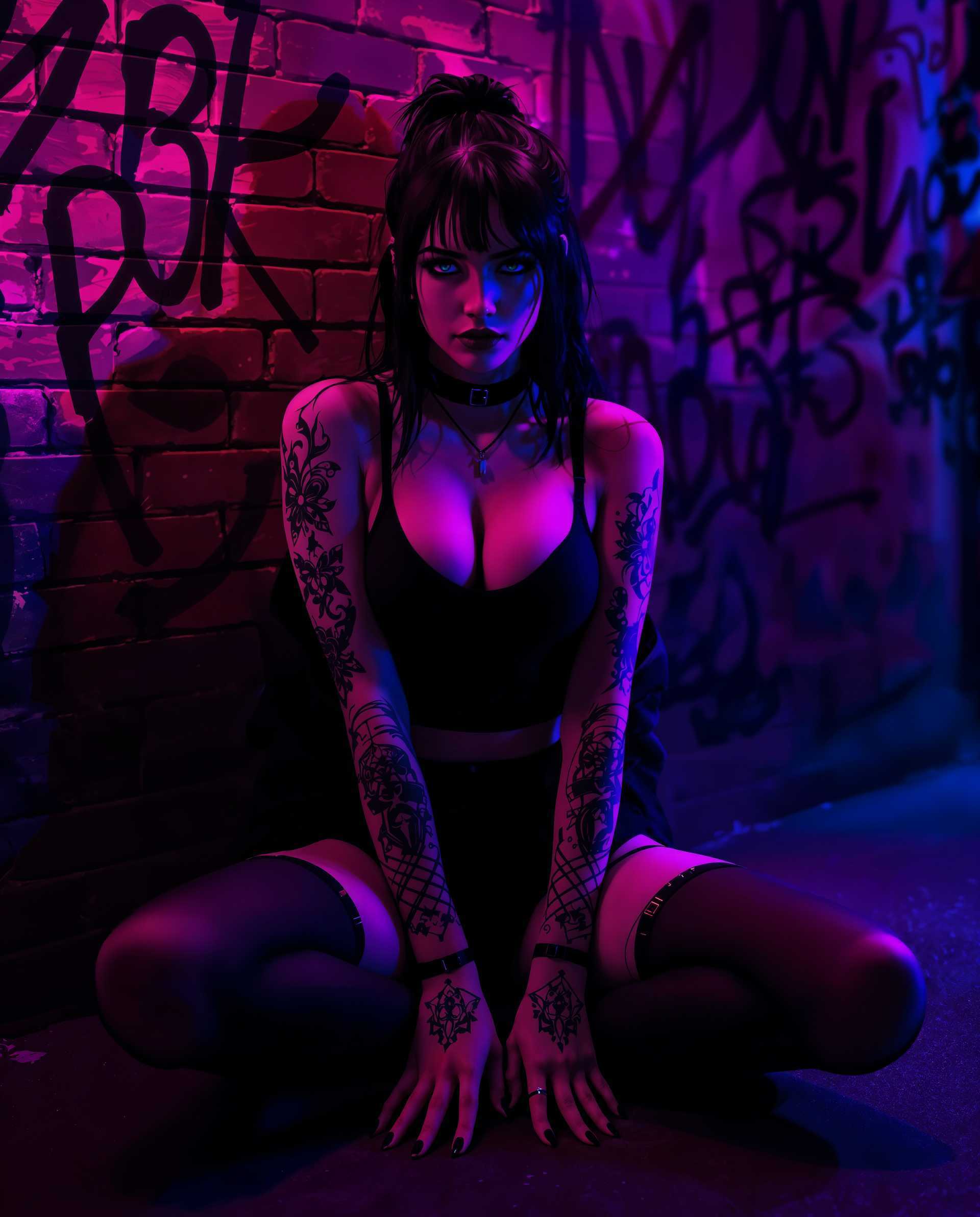 masterpiece, best quality, highres, sharp image, more detail <lora:more_details:0.5> <lora:SDXLrender_v2.0:1>, masterpiece, best quality, highres, sharp image, more detail, This image is a realistic photo (photograph) of a female real person digital artwork that features a stylized, realistic inspired female character. The medium appears to be a digital painting, given the smooth gradients and the lack of texture that one might find in traditional mediums like oil or watercolor.The colors in the image are predominantly dark and rich, with a neon pink and purple glow that sets a moody and atmospheric tone. The character is wearing a black tank top with a low neckline, revealing cleavage, and a matching jacket with a high collar and a zipper that runs down the front. The jacket is open, exposing the tank top and the characters bare shoulders. The characters arms are tattooed with intricate, dark designs that cover the skin from the wrists to the elbows.The character is seated on the ground, with her legs spread apart and her knees bent. She wears black thighhigh stockings with straps that crisscross over her thighs, and her feet are bare. The stockings are torn at the knees, adding to the edgy, rebellious aesthetic of the characters outfit. Her hands are placed on the ground, with her fingers splayed out, and her nails are painted black.The background of the image is a brick wall, which is covered in graffiti in various styles and colors. The wall is illuminated by the neon pink and purple light, which casts a glow on the character and the wall, creating a stark contrast between the dark tones of the character and the bright colors of the background. The lighting in the image is dramatic, with shadows that give depth to the scene and emphasize the contours of the character and the wall.Overall, the image is a powerful and striking piece of digital art that captures the essence of realism and manga with its detailed character design, moody color palette, and atmospheric setting.