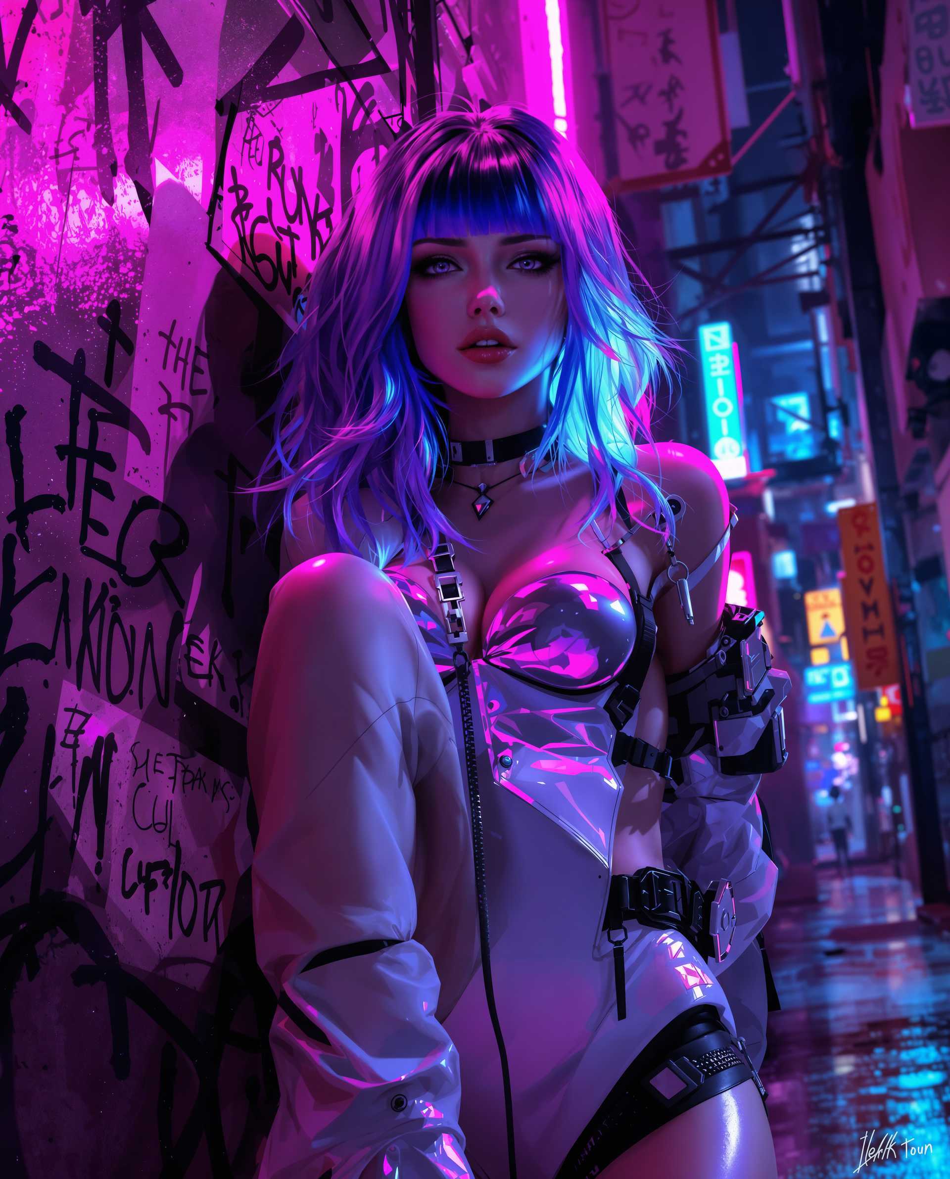 masterpiece, best quality, highres, sharp image, more detail <lora:more_details:0.5> <lora:SDXLrender_v2.0:1>, masterpiece, best quality, highres, sharp image, more detail, A hyper-realistic digital painting of a stylized female character with a distinct cyberpunk aesthetic, set in a futuristic urban environment. The character features striking, luminous hair with smooth gradients of vibrant purple and blue, cascading in dynamic waves. Her outfit is a sleek combination of white and black with metallic accents, reflecting the surrounding neon lights in shades of pink, purple, and blue, enhancing the high-tech, edgy vibe. The background depicts a gritty cityscape with weathered walls covered in intricate graffiti tags, posters, and illegible symbols, adding depth and a lived-in feel to the scene. The composition focuses on the character in the foreground, positioned slightly off-center, captured from a low-angle perspective to emphasize her commanding presence. Dramatic lighting casts deep shadows across her form, with neon glows illuminating key details of her face and clothing, creating a striking contrast. The mood is intense and mysterious, evoking a late-night atmosphere in a bustling, dystopian metropolis, with a subtle haze in the air suggesting a humid or rainy evening. Rendered with photorealistic detail, smooth gradients, and a polished finish, the image mirrors the quality of a high-end digital illustration, emphasizing sharp edges, reflective surfaces, and a vivid, saturated color palette.