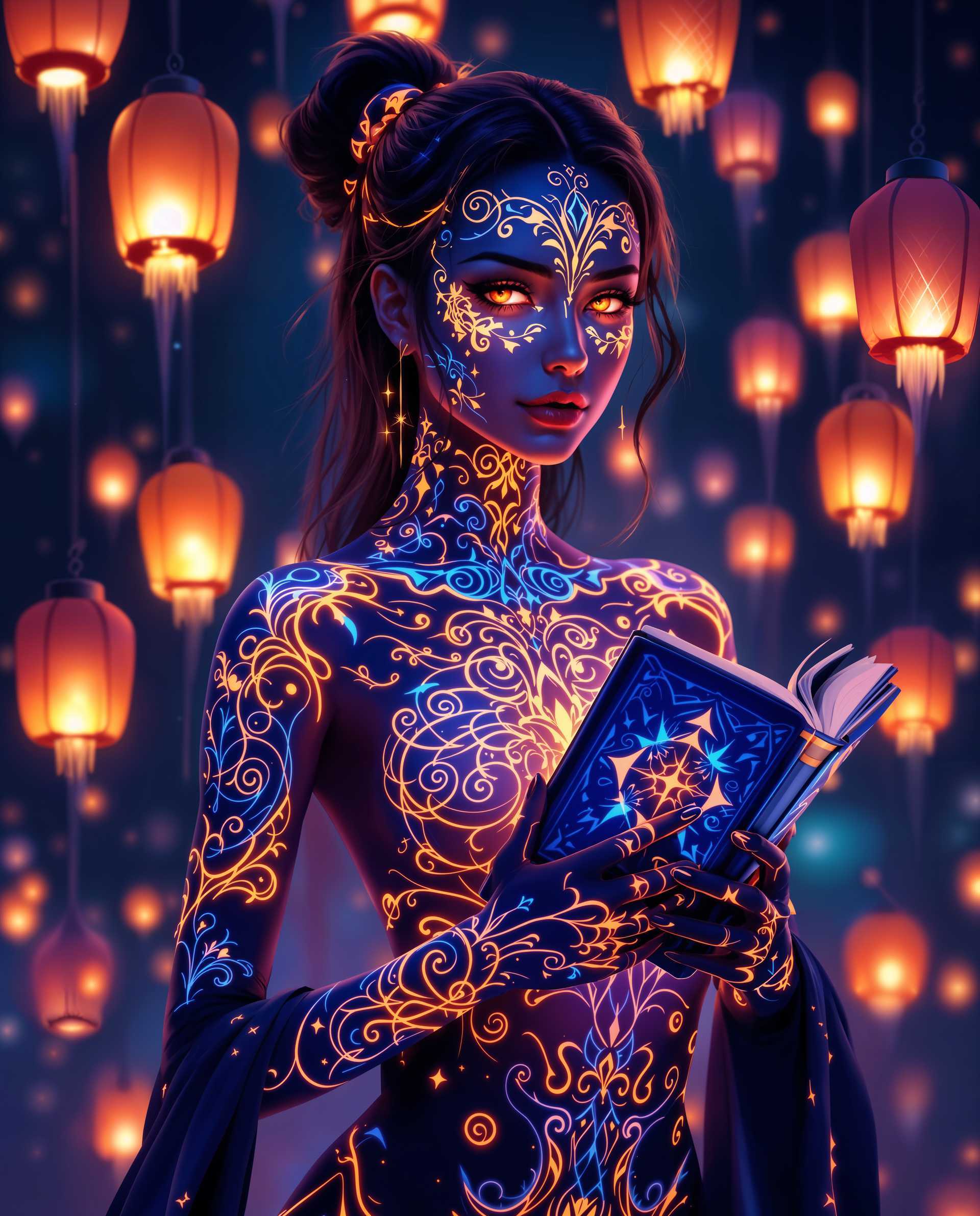 masterpiece, best quality, highres, sharp image, more detail <lora:more_details:0.5> <lora:SDXLrender_v2.0:1>, masterpiece, best quality, highres, sharp image, more detail, This is a realistic photo (photograph) of a female real person image that exudes a sense of mystique and fantasy, with a strong emphasis on glowing neon blues and warm oranges. The art style is reminiscent of digital illustration, with a high level of detail and smooth color gradients that give the image a threedimensional quality.The medium appears to be a digital painting, as evidenced by the clean lines and the way the colors blend seamlessly into one another. The use of lighting and shadow is also indicative of digital art, as it allows for a more controlled and nuanced approach to the play of light and dark.The colors in the image are striking and vibrant. The blues are a deep, rich navy, with neon accents that pop against the darker background. The oranges are warm and inviting, with a soft glow that contrasts beautifully with the cool blues. The interplay between these two color palettes creates a dynamic and eyecatching visual.The objects in the image are primarily the glowing neon patterns that adorn the characters body and the book she is holding. The patterns are intricate and symmetrical, with swirls and spirals that suggest movement and energy. The book itself has a similar design, with a blue cover that matches the characters skin tone and the overall color scheme of the image.The background of the image is filled with floating lanterns, which cast a warm orange light that adds to the magical atmosphere of the scene. The lanterns are detailed with patterns and designs that echo the characters body art, reinforcing the theme of the image.Overall, the image is a stunning example of digital illustration, with a captivating blend of colors, intricate patterns, and a sense of otherworldly magic.