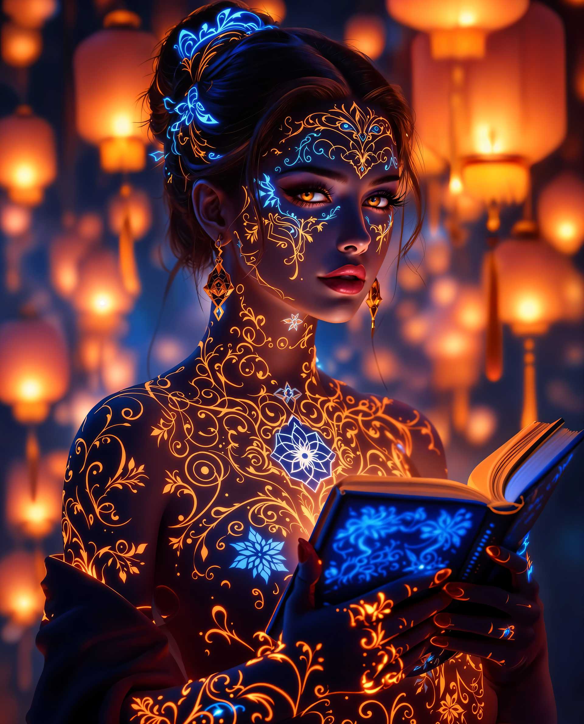 **Enchanted Reader with Glowing Tattoos**