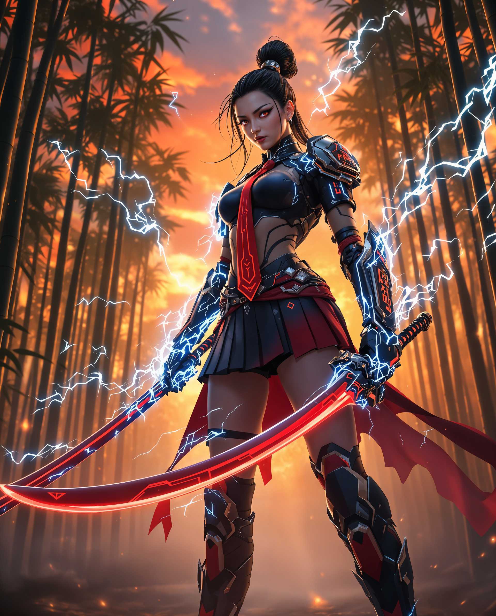 masterpiece, best quality, highres, sharp image, more detail <lora:more_details:0.5> <lora:SDXLrender_v2.0:1>, masterpiece, best quality, highres, sharp image, more detail, A hyper-realistic digital photograph of a fierce female warrior, embodying a unique fusion of traditional samurai and modern magical cybernetic warrior aesthetics. She stands in a dynamic, combat-ready pose, exuding strength and determination. Her outfit is a sleek blend of black and red, featuring a form-fitting bodice with a high collar, a short pleated skirt, and a striking red tie that matches the vibrant red accents on her high-tech armor and weapon. The armor, angular and futuristic, covers her arms and legs with glowing blue energy lines, leaving her torso partially exposed for agility. She wields a massive, ornate katana with a curved red blade and an intricately designed hilt adorned with symbolic patterns, surrounded by swirling blue electrical energy that crackles with power.

The background is a misty, enchanted bamboo forest, with tall, straight stalks stretching upward toward a dramatic sky painted in fiery shades of red and orange, capturing the fleeting beauty of sunrise or sunset. The lighting is cinematic and intense, with warm golden hues from the sky contrasting against the cool blues of the energy effects and the deep greens of the forest, casting intricate shadows and highlights across the scene. The composition focuses on the warrior as the central figure, framed by the vertical lines of bamboo, with a low camera angle looking slightly upward to emphasize her commanding presence and power.

The mood is both mystical and intense, evoking a sense of ancient tradition clashing with futuristic magic in a timeless battle. The image is rendered in a hyper-detailed, photorealistic style, with meticulous attention to textures—such as the smooth metallic sheen of the armor, the subtle weave of the fabric in her outfit, and the rough, organic texture of the bamboo—and lifelike lighting that enhances the three-dimensional depth. The digital medium showcases smooth gradients and seamless color blending, creating a visually striking and cohesive masterpiece.