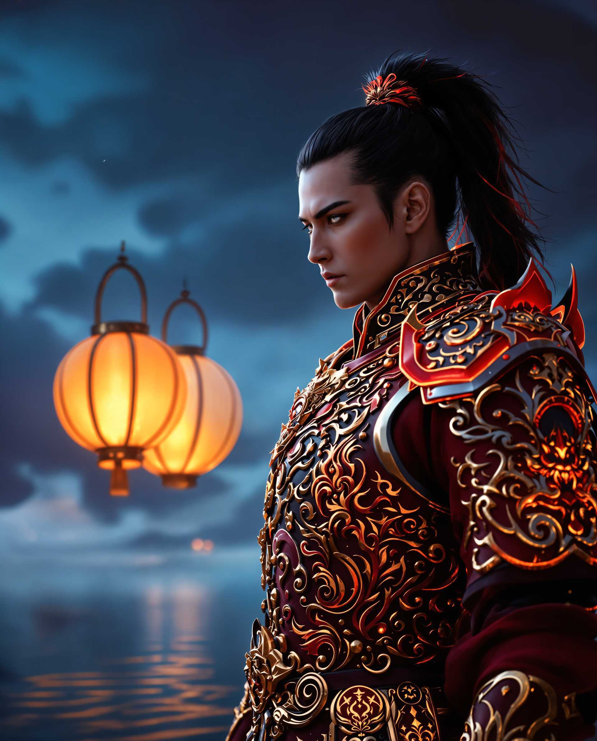 masterpiece, best quality, highres, sharp image, more detail <lora:more_details:0.5> <lora:SDXLrender_v2.0:1>, masterpiece, best quality, highres, sharp image, more detail, A hyper-realistic digital photograph of a male warrior standing in a commanding pose of readiness and resolve, clad in ornate armor that fuses deep, rich reds with shimmering gold accents. The armor is intricately designed with flame and dragon motifs, featuring embossed patterns of scales, claws, and organic shapes that catch the light dynamically, giving the metal an almost living, pulsating quality. The gold highlights the curves and contours of the armor, creating a striking contrast against the bold crimson base. The warrior's black hair is tied back in a high ponytail, flowing with subtle movement, with red highlights that mirror the armor's fiery palette. 

The background depicts a mystical night scene, with a cool blue and purple sky enveloping the atmosphere in an otherworldly glow. Two traditional lanterns with curved handles and delicate paper or fabric panels float gently above a reflective body of water, emitting a soft, warm golden light that contrasts beautifully with the cool tones of the night. The water mirrors the lanterns’ glow, enhancing the serene yet enigmatic ambiance. 

The composition centers the warrior in the foreground, captured from a low-angle perspective to emphasize his imposing presence and the intricate details of the armor. The lanterns and water frame the scene in the background, creating depth and balance. The mood is a blend of strength and mystery, evoking a science fiction and fantasy aesthetic with a focus on detailed craftsmanship. The lighting is dramatic, with the interplay of warm lantern glow and cool moonlight casting subtle highlights and shadows across the armor and surroundings. Rendered with photorealistic precision, smooth gradients, and meticulous attention to texture and reflection, this image captures a powerful, immersive narrative of a warrior in a fantastical realm.