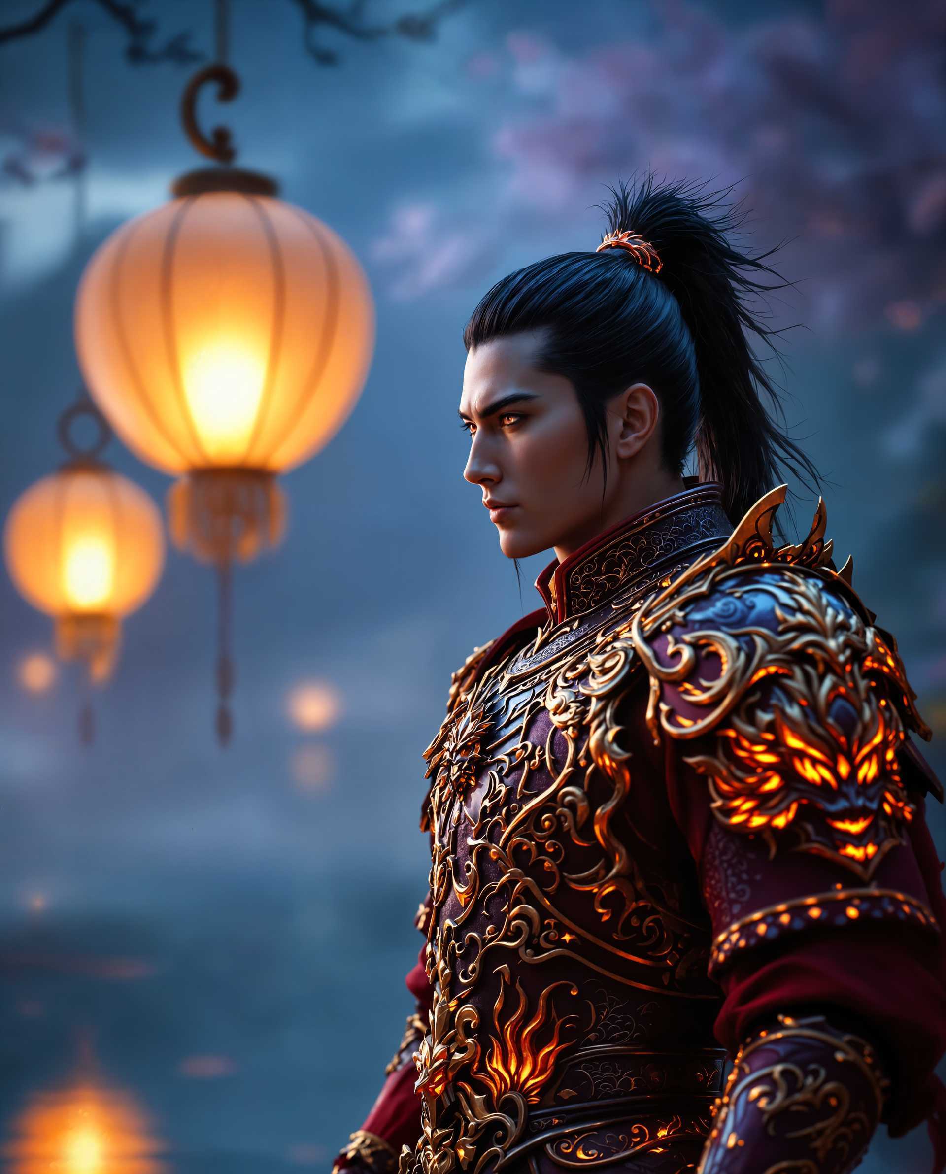masterpiece, best quality, highres, sharp image, more detail <lora:more_details:0.5> <lora:SDXLrender_v2.0:1>, masterpiece, best quality, highres, sharp image, more detail, A hyper-realistic digital photograph of a male warrior standing in a commanding pose of readiness and resolve, clad in ornate armor that fuses deep, rich reds with shimmering gold accents. The armor is intricately designed with flame and dragon motifs, featuring embossed patterns of scales, claws, and organic shapes that catch the light dynamically, giving the metal an almost living, pulsating quality. The gold highlights the curves and contours of the armor, creating a striking contrast against the bold crimson base. The warrior's black hair is tied back in a high ponytail, flowing with subtle movement, with red highlights that mirror the armor's fiery palette. 

The background depicts a mystical night scene, with a cool blue and purple sky enveloping the atmosphere in an otherworldly glow. Two traditional lanterns with curved handles and delicate paper or fabric panels float gently above a reflective body of water, emitting a soft, warm golden light that contrasts beautifully with the cool tones of the night. The water mirrors the lanterns’ glow, enhancing the serene yet enigmatic ambiance. 

The composition centers the warrior in the foreground, captured from a low-angle perspective to emphasize his imposing presence and the intricate details of the armor. The lanterns and water frame the scene in the background, creating depth and balance. The mood is a blend of strength and mystery, evoking a science fiction and fantasy aesthetic with a focus on detailed craftsmanship. The lighting is dramatic, with the interplay of warm lantern glow and cool moonlight casting subtle highlights and shadows across the armor and surroundings. Rendered with photorealistic precision, smooth gradients, and meticulous attention to texture and reflection, this image captures a powerful, immersive narrative of a warrior in a fantastical realm.