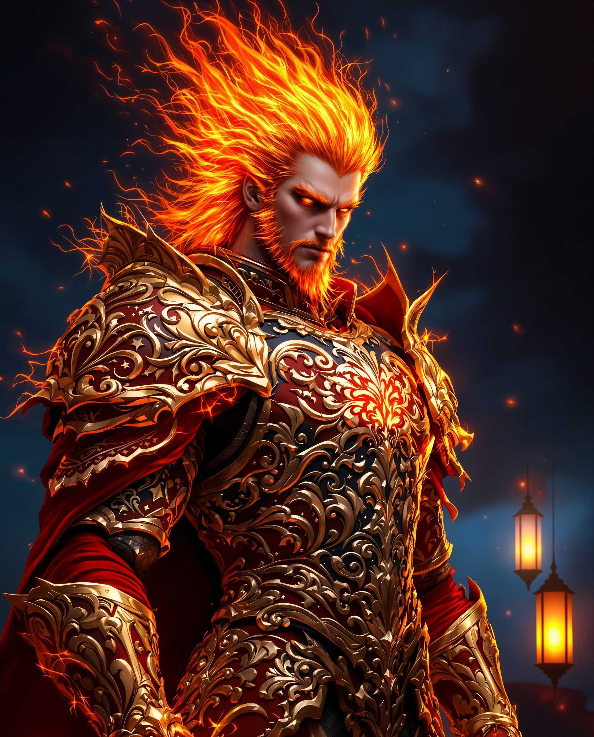 masterpiece, best quality, highres, sharp image, more detail <lora:more_details:0.5> <lora:SDXLrender_v2.0:1>, masterpiece, best quality, highres, sharp image, more detail, This image features a realistic photo (photograph) of a male real person character clad in ornate armor, standing with a powerful and imposing stance. The armor is rich in detail, the armor and hsi hair are on fire, with a fiery red and gold color scheme that suggests a theme of passion, power, or perhaps a supernatural element. The intricate patterns and textures on the armor are reminiscent of baroque or rococo art styles, with elaborate swirls, floral motifs, and curvilinear designs that give the armor a dynamic and almost living quality.The medium appears to be a digital painting, given the smooth gradients and seamless blending of colors. The lighting in the image is dramatic, with highlights and shadows that give depth and dimension to the armor and the characters muscular form. The background is a gradient of deep blues, which contrasts with the warm tones of the armor, emphasizing the figure and adding to the overall sense of drama.In the background, there are two lanterns emitting a soft, warm glow, which adds to the mystical and otherworldly atmosphere of the scene. The lanterns are placed at a distance, with one slightly to the left and the other slightly to the right, creating a sense of space and depth in the composition.Overall, the image exudes a sense of Realistic, power, and elegance, with a strong emphasis on the detailed craftsmanship of the armor and the dramatic interplay of light and shadow.