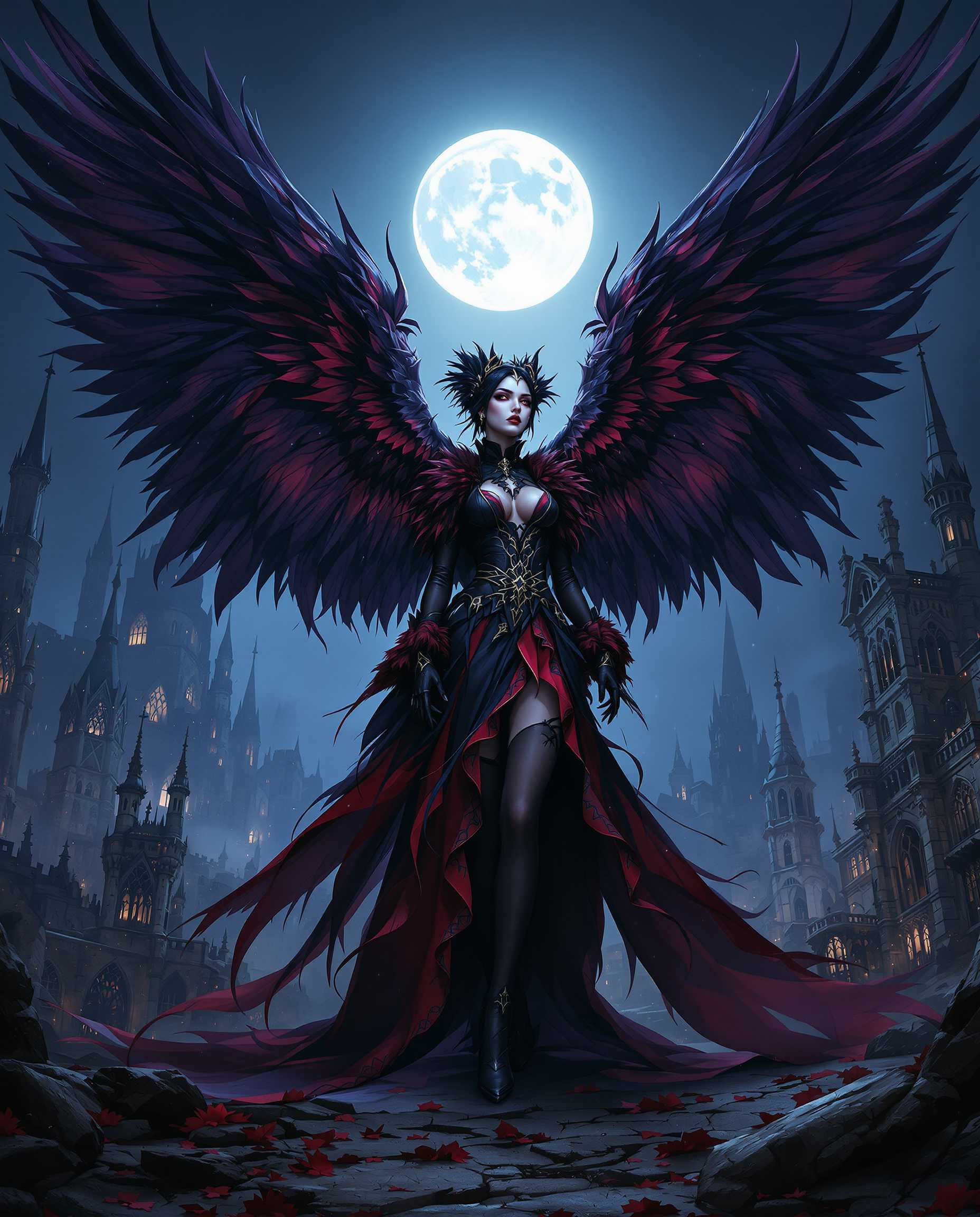 masterpiece, best quality, highres, sharp image, more detail, A hyper-realistic digital painting of a gothic female character, captured in a high-resolution photograph-like style with meticulous attention to detail. The artwork showcases advanced rendering techniques, creating a lifelike, three-dimensional quality through intricate textures and dynamic lighting. The color palette is rich and dramatic, dominated by deep blues, purples, and blacks, crafting a moody, atmospheric tone, while vibrant reds and golds in the character’s elaborate costume provide striking contrast, drawing the viewer’s eye. The subject, a female figure, stands as the focal point, adorned in a detailed gothic outfit blending leather, fur, and lace, each texture rendered with precision to highlight its unique sheen and weight. Her expansive, feathered wings are portrayed with realistic shading and fine detailing of individual feathers, suggesting depth and subtle movement. She is positioned centrally in the frame, captured from a low-angle perspective to emphasize her commanding presence and the towering height of her wings. The background features a sprawling gothic cityscape at night, with jagged spires and ornate, decaying architecture, marked by broken windows and a haunting absence of light. The scene is set under a luminous full moon casting a pale, silvery glow, enhancing the eerie, melancholic ambiance. The composition balances the intricate foreground subject with the vast, ominous city behind, creating a cinematic depth of field with a sharp focus on the character and a slightly softened background. The overall mood is dark and mysterious, evoking a sense of ancient lore and forgotten tales, reminiscent of a gothic romanticism art movement blended with modern hyper-realistic digital techniques.