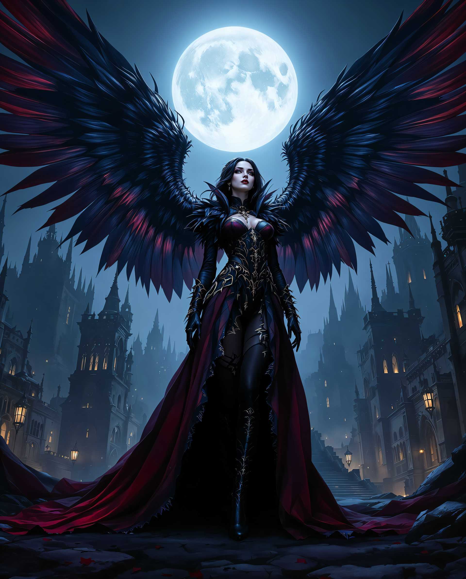 masterpiece, best quality, highres, sharp image, more detail <lora:more_details:0.5> <lora:SDXLrender_v2.0:1>, A hyper-realistic digital painting of a gothic female character, captured in a high-resolution photograph-like style with meticulous attention to detail. The artwork showcases advanced rendering techniques, creating a lifelike, three-dimensional quality through intricate textures and dynamic lighting. The color palette is rich and dramatic, dominated by deep blues, purples, and blacks, crafting a moody, atmospheric tone, while vibrant reds and golds in the character’s elaborate costume provide striking contrast, drawing the viewer’s eye. The subject, a female figure, stands as the focal point, adorned in a detailed gothic outfit blending leather, fur, and lace, each texture rendered with precision to highlight its unique sheen and weight. Her expansive, feathered wings are portrayed with realistic shading and fine detailing of individual feathers, suggesting depth and subtle movement. She is positioned centrally in the frame, captured from a low-angle perspective to emphasize her commanding presence and the towering height of her wings. The background features a sprawling gothic cityscape at night, with jagged spires and ornate, decaying architecture, marked by broken windows and a haunting absence of light. The scene is set under a luminous full moon casting a pale, silvery glow, enhancing the eerie, melancholic ambiance. The composition balances the intricate foreground subject with the vast, ominous city behind, creating a cinematic depth of field with a sharp focus on the character and a slightly softened background. The overall mood is dark and mysterious, evoking a sense of ancient lore and forgotten tales, reminiscent of a gothic romanticism art movement blended with modern hyper-realistic digital techniques.