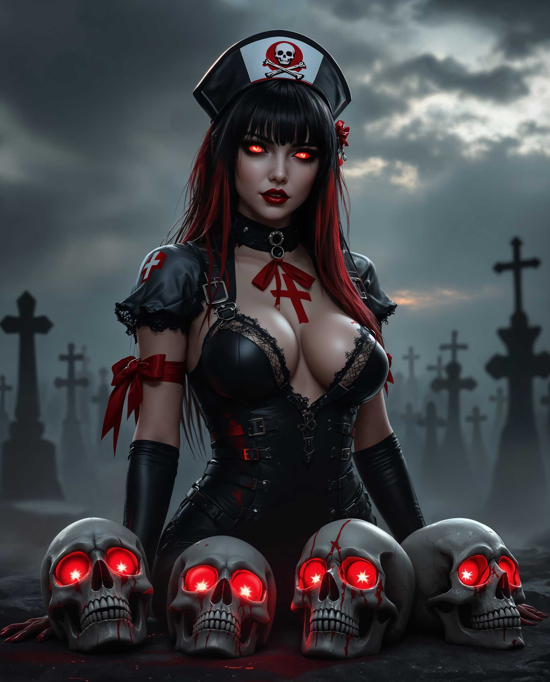 masterpiece, best quality, highres, sharp image, more detail <lora:more_details:0.5> <lora:SDXLrender_v2.0:1>, masterpiece, best quality, highres, sharp image, more detail, This is a realistic photo (photograph) of a female real person digital artwork that features a central figure dressed in a gothicinspired outfit with a nurses cap, which is adorned with a skull and crossbones. The figure is wearing a black bodysuit with red accents, including a red cross on the chest, and has a red ribbon tied around the cap. The outfit has lace details and is fastened with straps and buckles, giving it a bondagelike appearance. The figures skin is depicted with a glossy finish, and the outfit has a shiny, wet look, as if its covered in blood or some other viscous substance.The figures hair is long and dark, with bangs that frame the face. There are red streaks in the hair, and its styled in a way that it cascades down the back and sides of the figure. The hair is also adorned with a skull accessory, which matches the overall gothic theme.The background of the image is a cemetery with numerous crosses and gravestones, set against a dramatic sky that is filled with clouds and a hint of sunlight breaking through. The cemetery is surrounded by a mist, which adds to the eerie atmosphere of the scene.In the foreground, there are three skulls with red eyes, which are emanating a glow. These skulls are positioned in front of the figure, with one resting on the ground and two leaning against it. The skulls have a realistic texture and are detailed with teeth and eye sockets, enhancing the macabre feel of the image.The art style of the image is highly detailed and realistic, with a focus on textures and lighting that give the scene a threedimensional quality. The colors are primarily dark and muted, with the red accents providing a stark contrast and drawing the viewers attention. The overall effect is one of gothic horror and supernatural intrigue.
